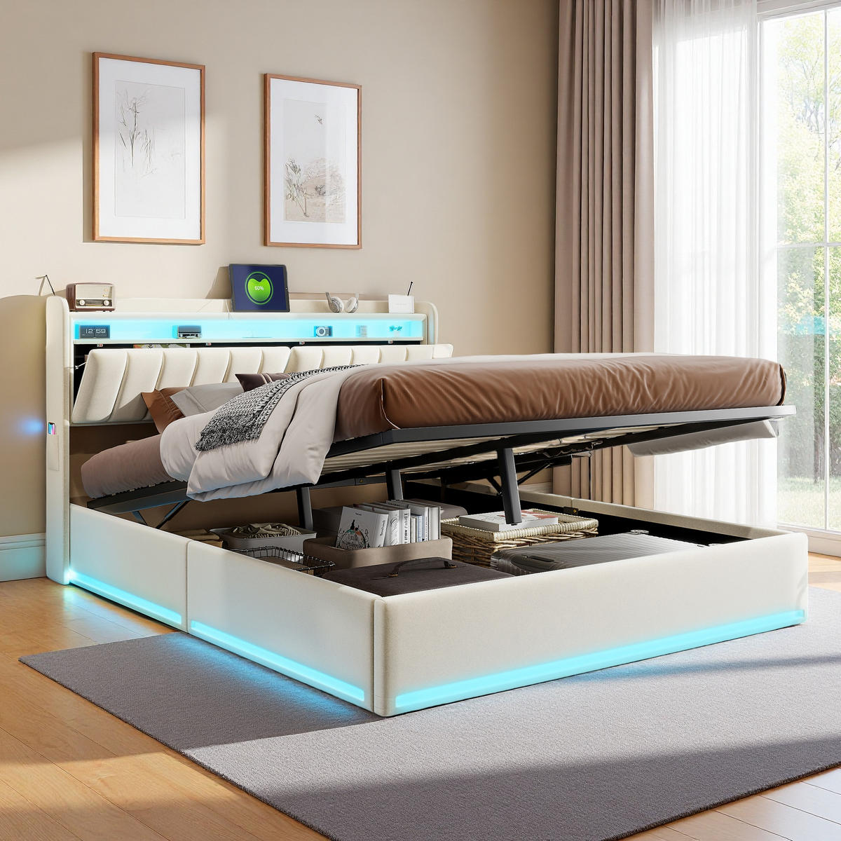 ČALOUNĚNÁ postel 160x200 cm béžová sametová LED USB Type-C bed box - béžová, dřevo (160/190cm) - SHOPENTRA