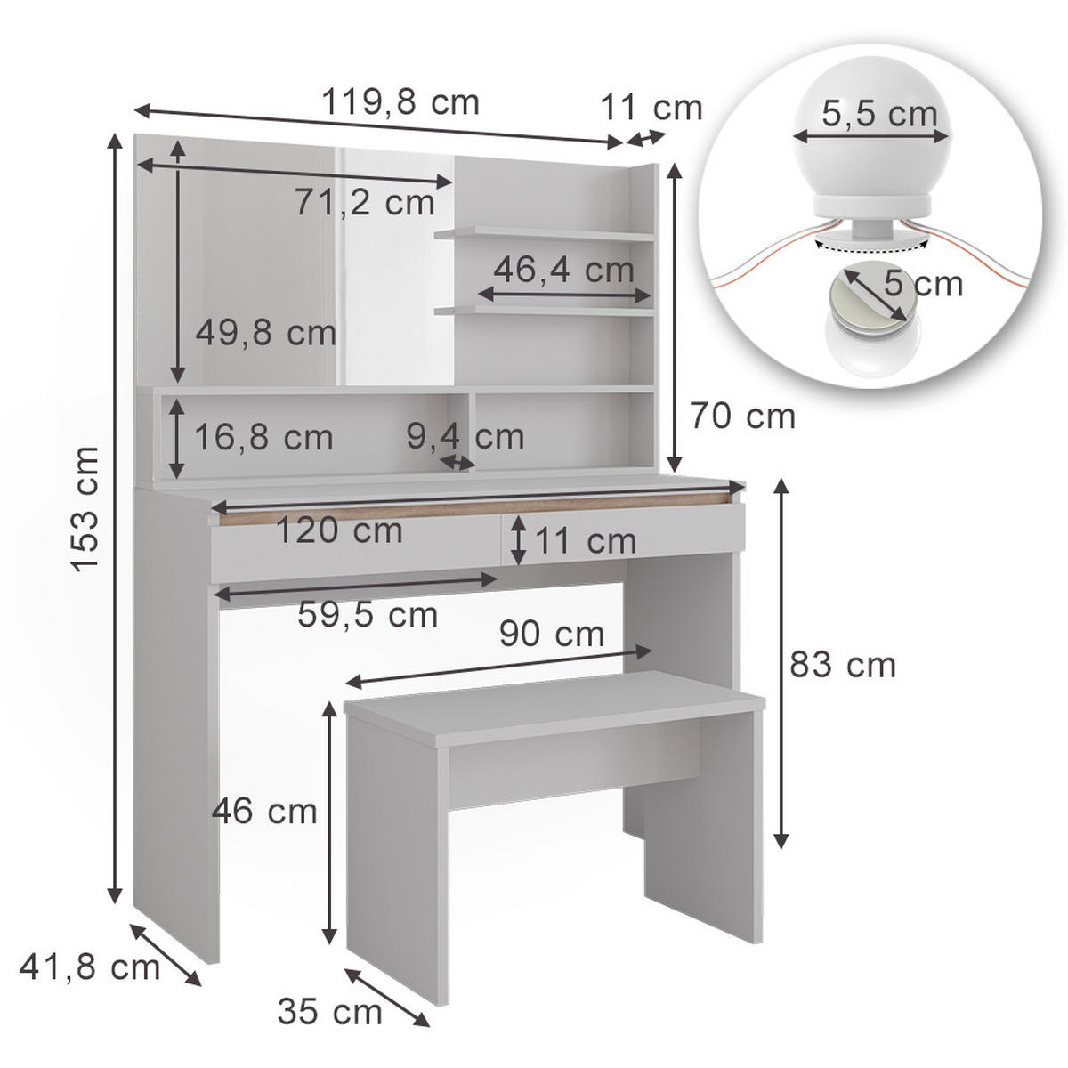 SCHMINKTISCH Emma Weiß 120 cm mit Spiegelregal, Bank & LED-Beleuchtung - Weiß, Holzwerkstoff (120/83/41.8cm) - Vicco
