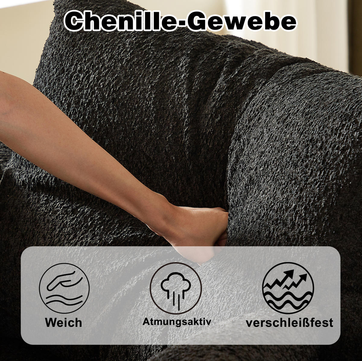 ECKSOFA aus Chenille Schwarz mit verstellbarer Chaiselongue, 4 Modulen und ohne Montage - Schwarz, Textil (250/160cm) - Modfu