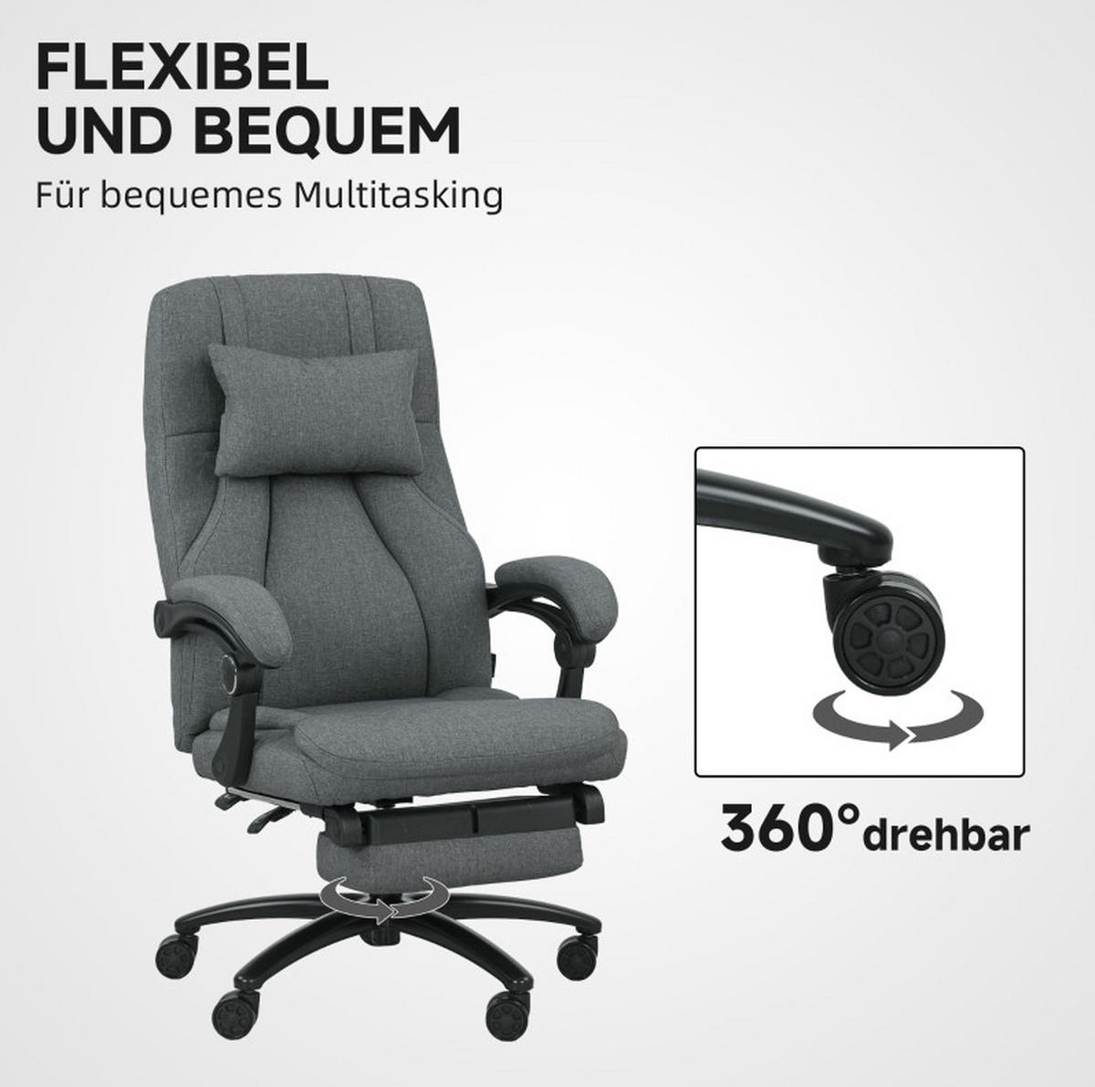 BÜROSTUHL in Dunkelgrau 74x64x117 cm mit Vibrationsmassage und ausziehbarer Fußstütze - Dunkelgrau, Textil (64/117/74cm) - IVMEU