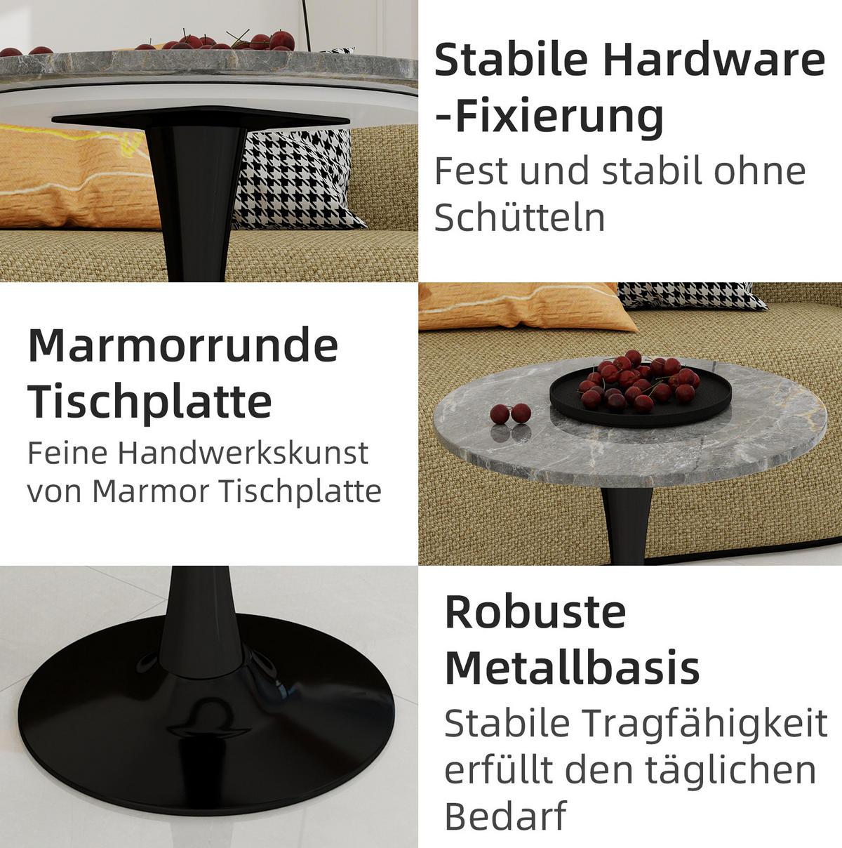COUCHTISCH 70 cm Schwarz/Grau aus Kunstmarmor mit modernem Design - Grau, Stein (70/70/72cm) - OKMYHOME