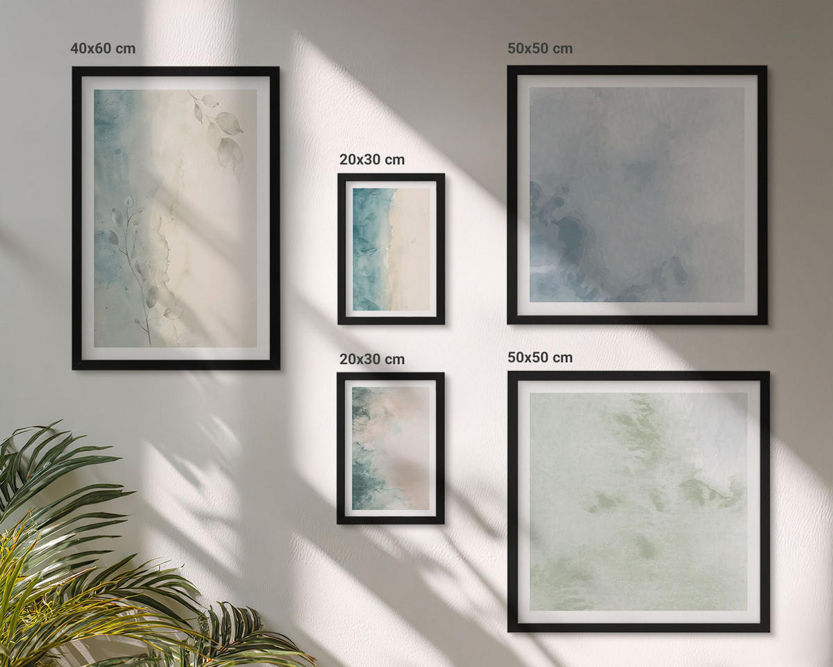 BILDER SET 5er Set - 50x50 cm & 20x30 cm & 40x60 cm Schwarzer Rahmen - Aquarell-Leinwandstil - Schwarz, Kunststoff (40/60cm) - TULUP