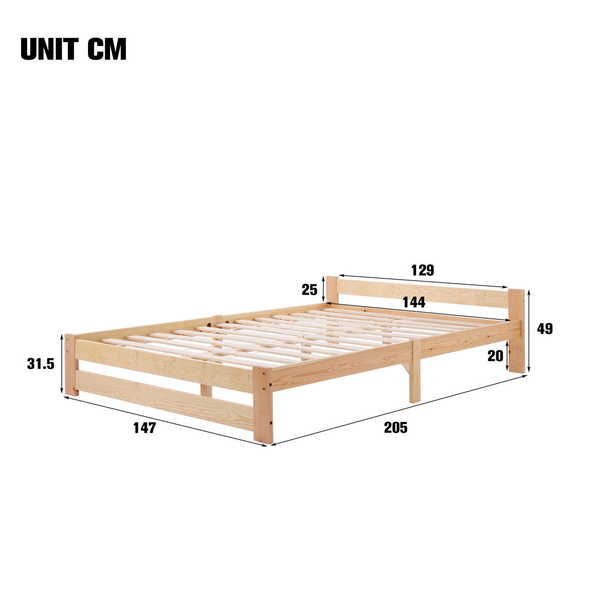 KREVET 200/140 cm s uzglavljem i letvicama, čvrsta konstrukcija od masivnog drva, Prirodna - prirodne boje, drvni materijal (140/200cm) - Redom