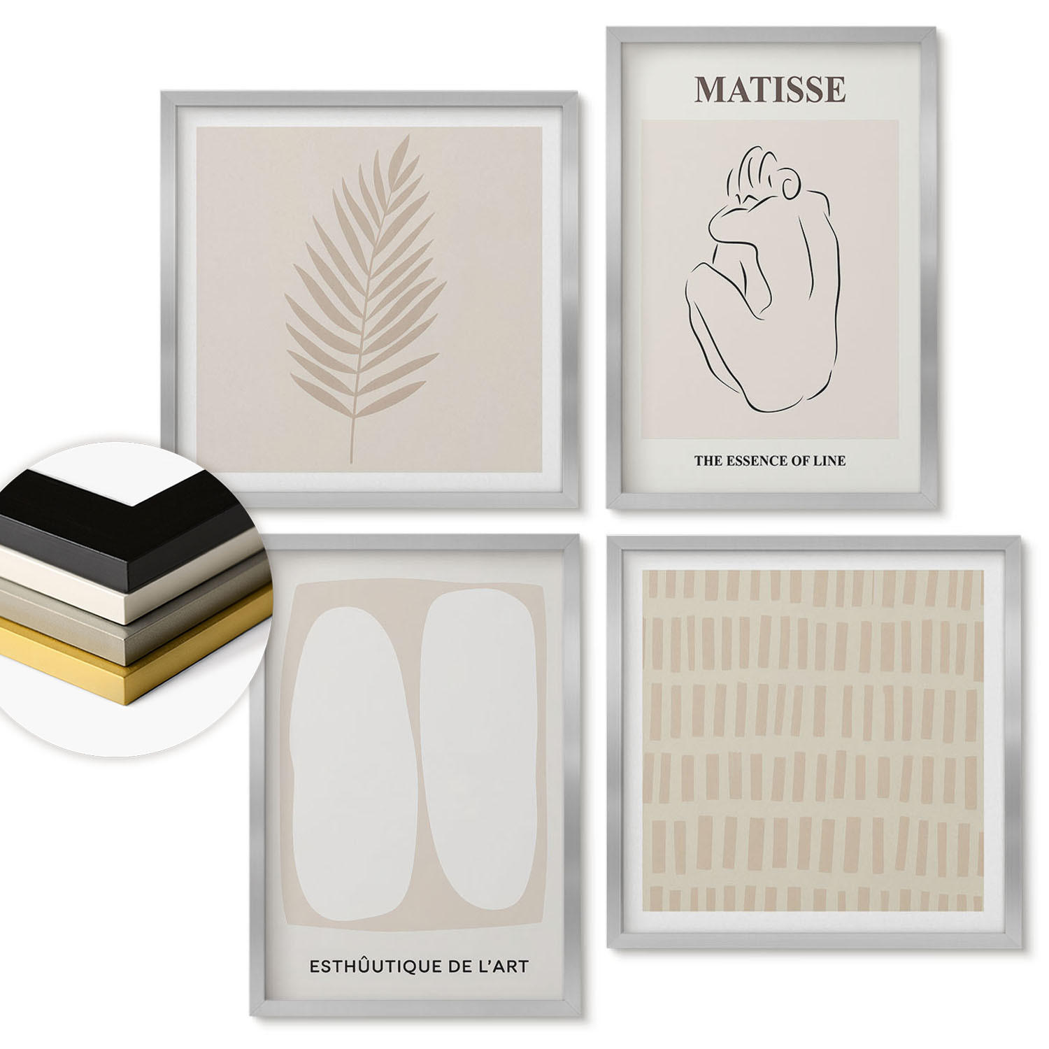 WANDBILDER 4er Set - 50x50 cm & 40x60 cm Silberner Rahmen - Linien, Formen, Beige, Weiß - Silberfarben, Kunststoff (50/50cm) - ArtPrintCave
