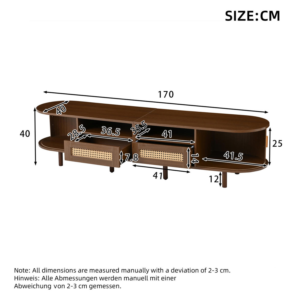 TV ormarić 170/40/40 cm tamni hrast od MDF-a i drva s kliznim vratima i ladicama - smeđa, drvni materijal (170/40/40cm) - OKWISH