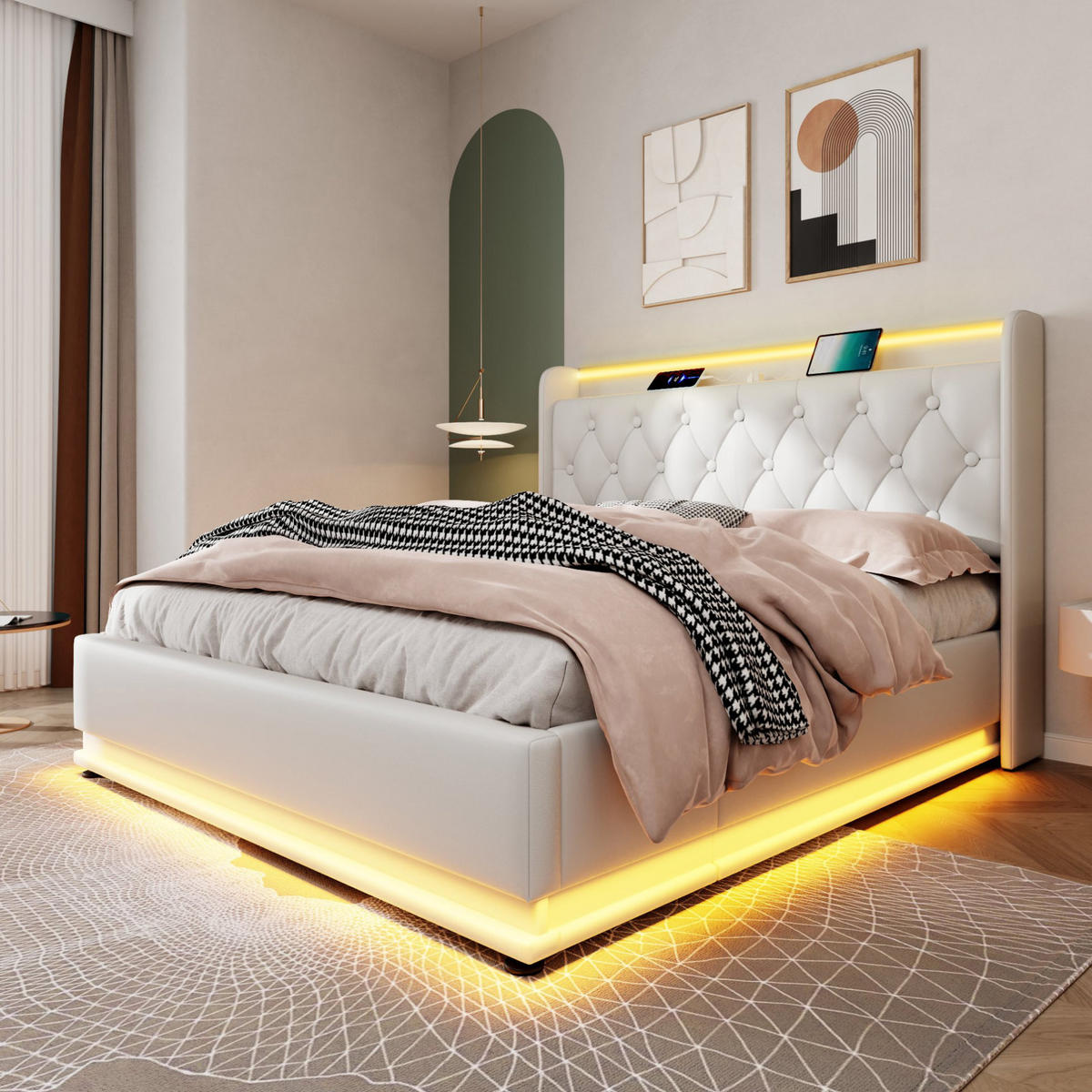 POLSTERBETT mit LED und Stauraum 140x190 cm PU Weiß - Weiß, Metall (140/190cm) - Meubliv