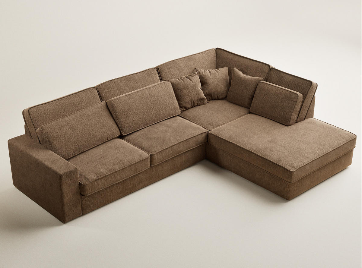 ECKSOFA Kirou Hellbraun Chenille-Stoff - Rechts Seite - Hellbraun/Schwarz, Holz/Holzwerkstoff (311/225cm) - Maison de Reve