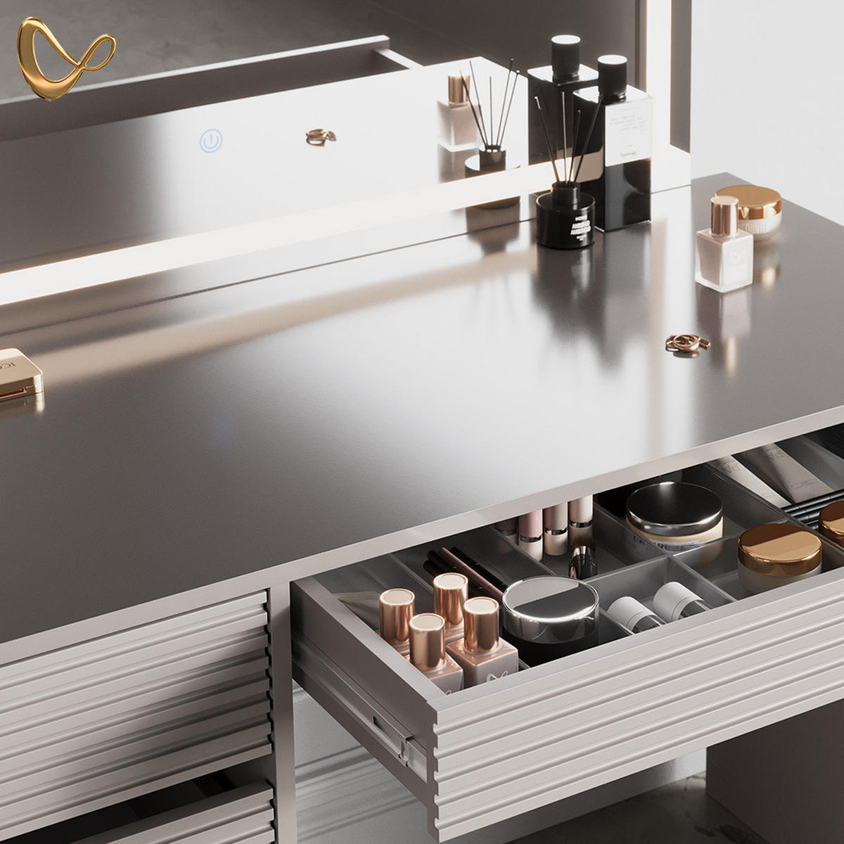 SCHMINKTISCH Imola Cashmere mit LED-Spiegel und Hocker - Kaschmir, Holzwerkstoff (120/75/55cm) - Livinity®