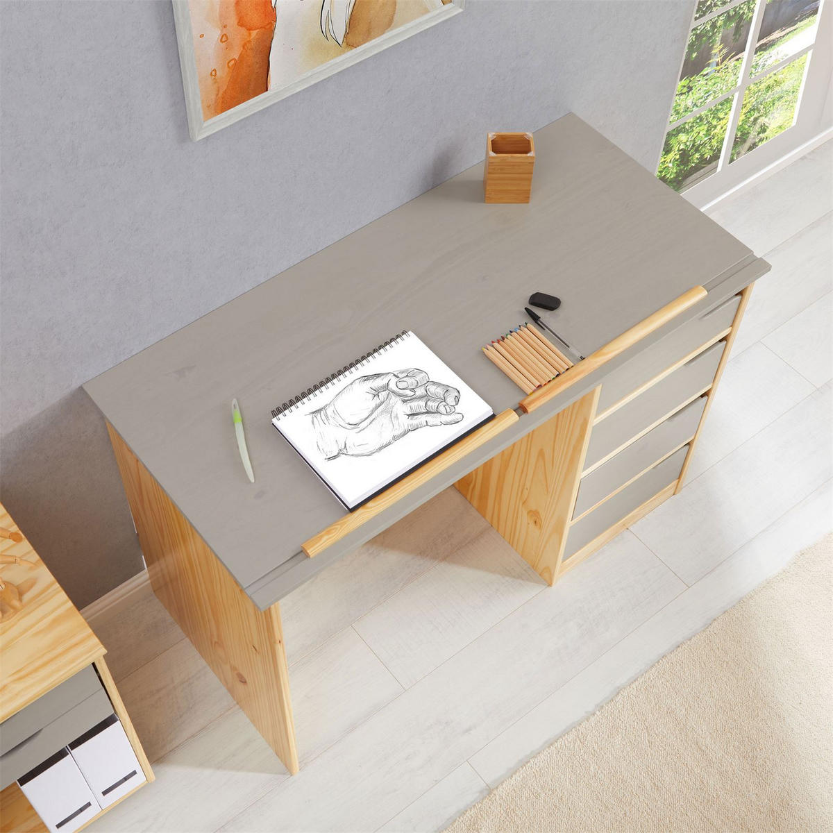 KINDERSCHREIBTISCH EMMA - Naturfarben/Grau, Holz (114/76/55cm) - IDIMEX