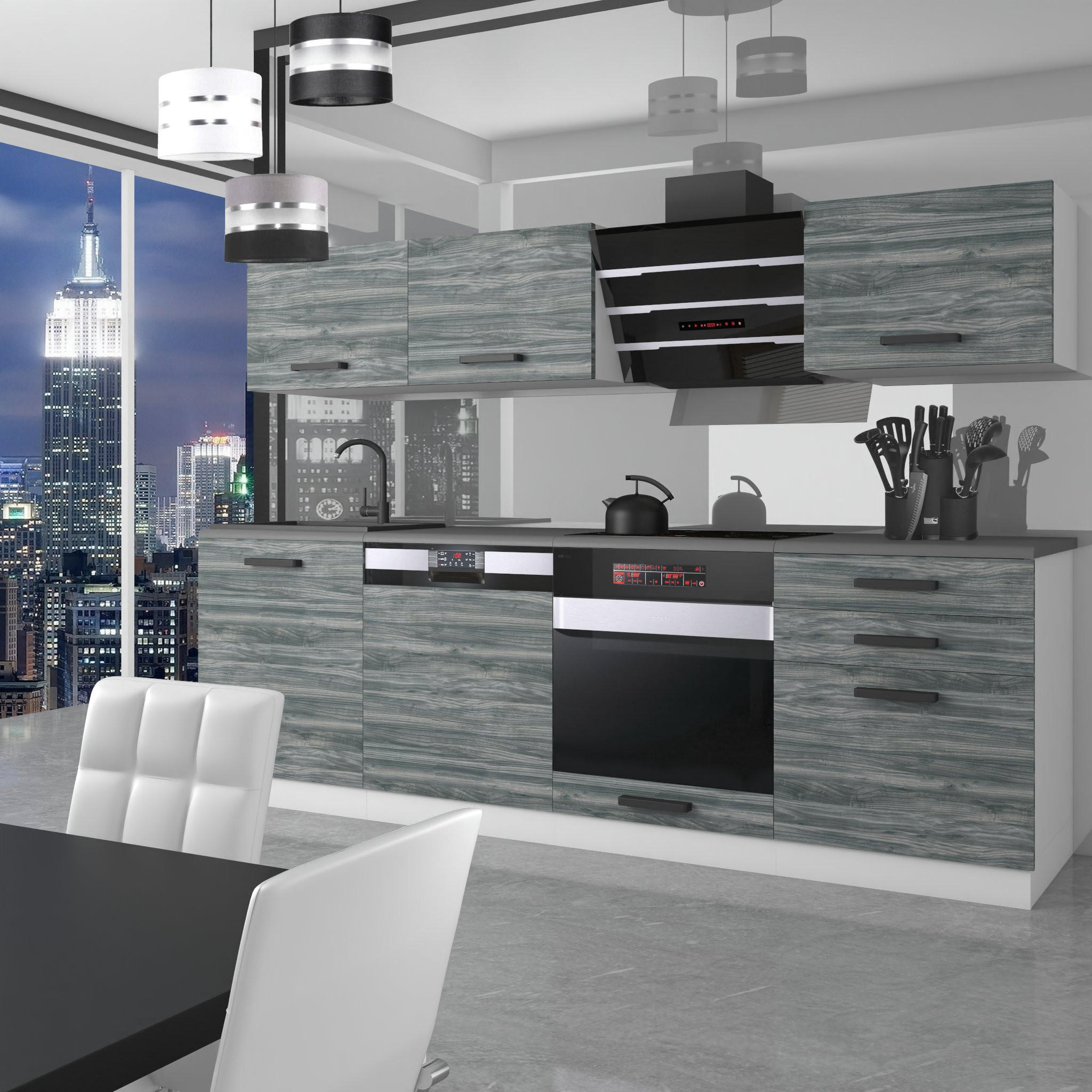 KÜCHENZEILE Linda 240 cm, mit Arbeitsplatten, Glamour Wood - Grau, Holz (240/204/60cm) - B BELINI GROUP