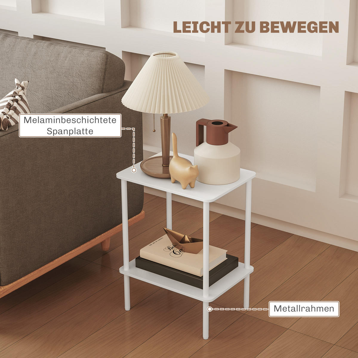 BEISTELLTISCH 40/30/52,2 cm mit 2 Ablagen, Metallrahmen und Holzwerkstoff, Weiß - Weiß, Holzwerkstoff (30/40/52.2cm) - Redom