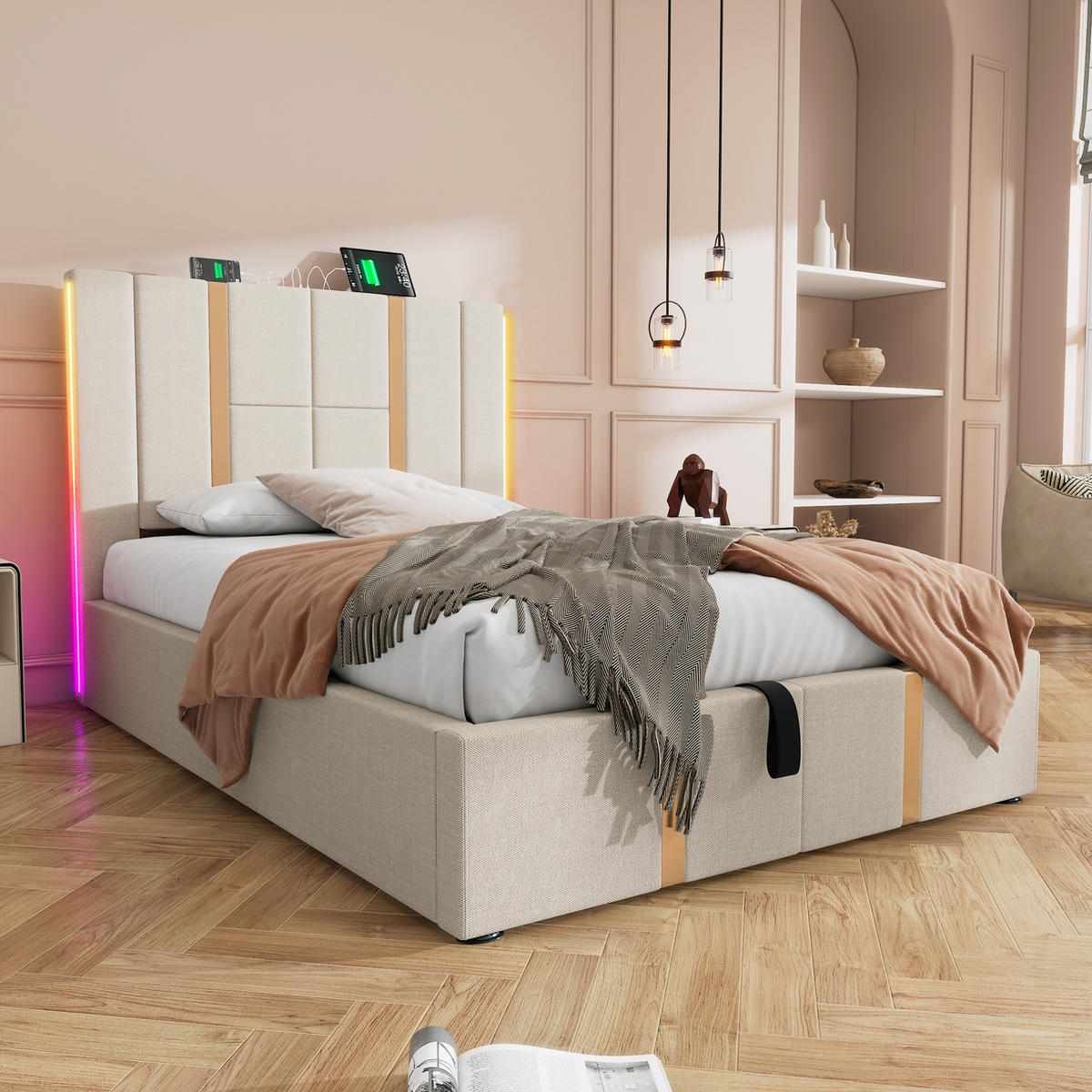 POLSTERBETT 90/200 cm Beige mit Stauraum, LED-Beleuchtung und USB-/Type-C-Anschlüssen - Beige, Textil (90/200cm) - Flora Grace