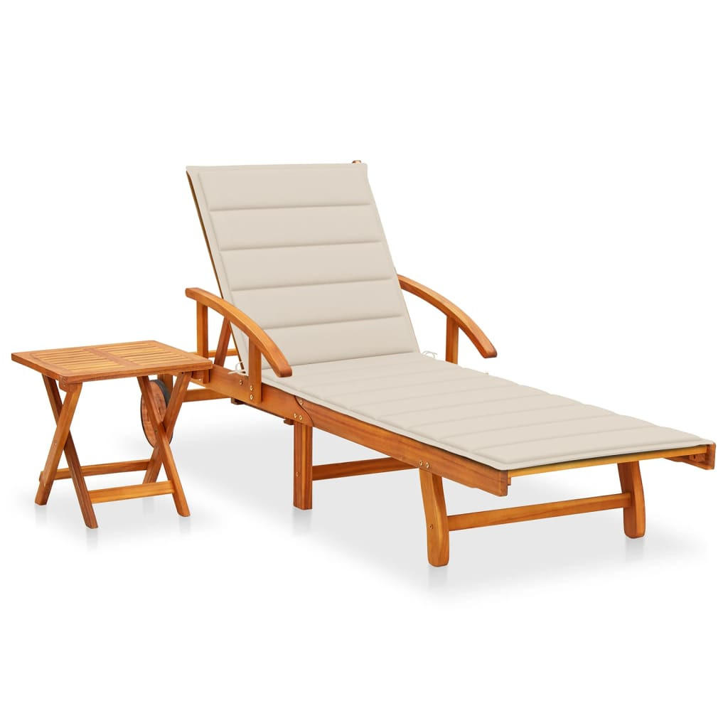 SONNENLIEGE mit Tisch und Auflage Akazie Massivholz - Beige, Holz (67/85/200cm) - furnicato