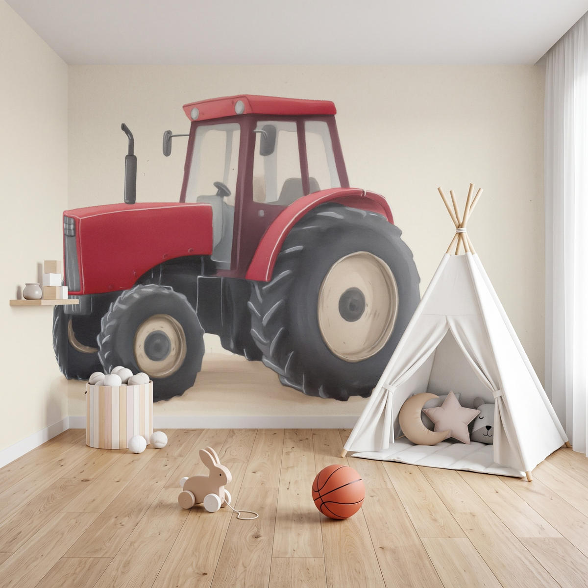 KINDERTAPETE - Traktor - Minimalistisch - Illustration - Rot - 400x220 cm - Rot, Papier (400/220cm) - OnlyWow