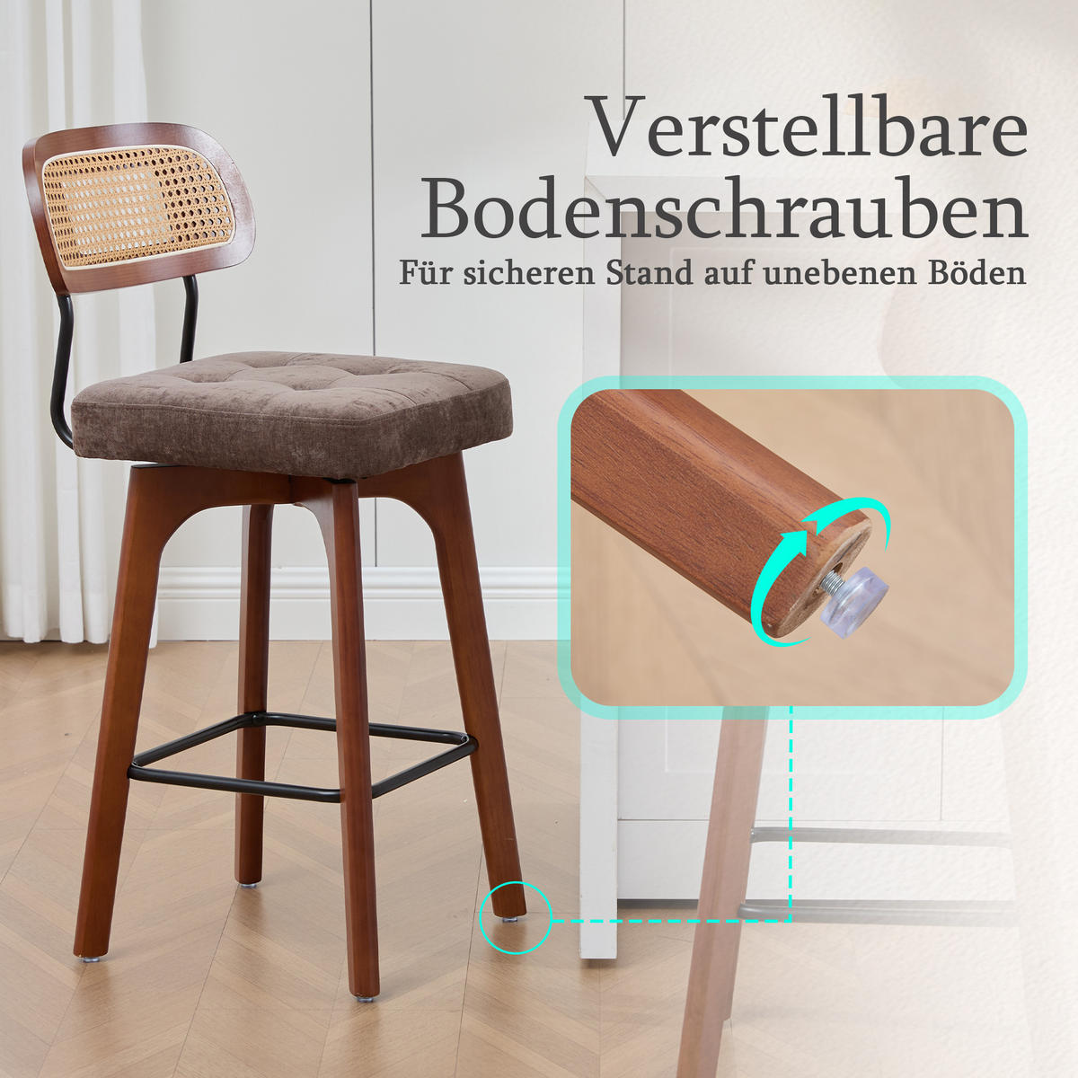 BARHOCKER 2er Set, 360° drehbar, Wiener Geflecht/Chenille, 67,5cm Sitzhöhe, Kaffeebraun - Wildeiche/Dunkelbraun, Holz/Textil (44/96/51cm) - LVHOM