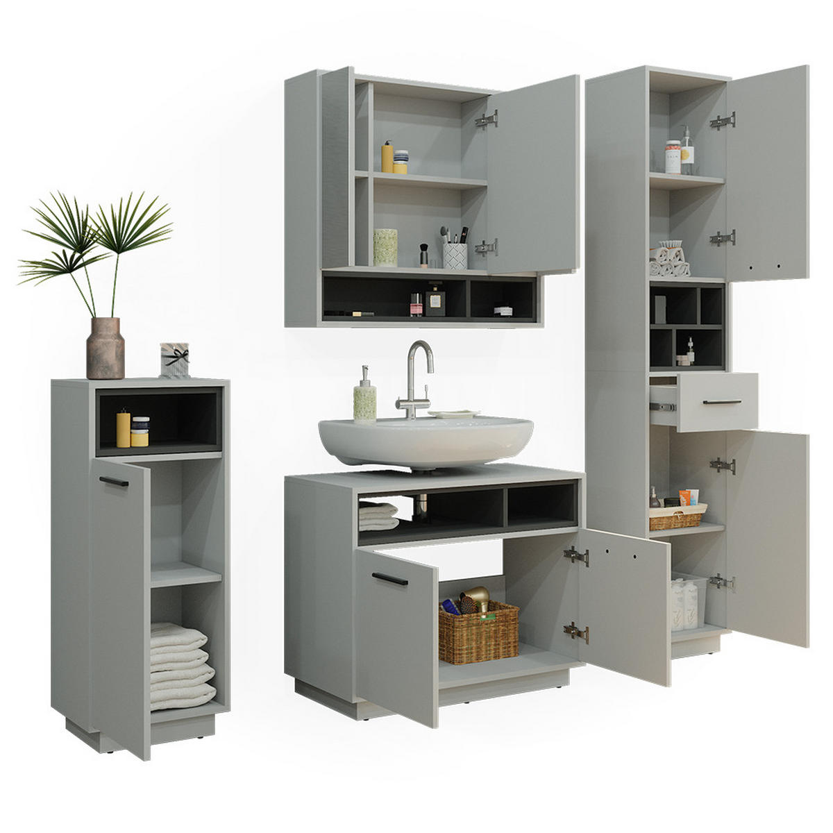 BADMÖBEL-SET Beatrice Grau 4 Teile - Anthrazit/Grau, Holzwerkstoff (80/64/40cm) - Vicco