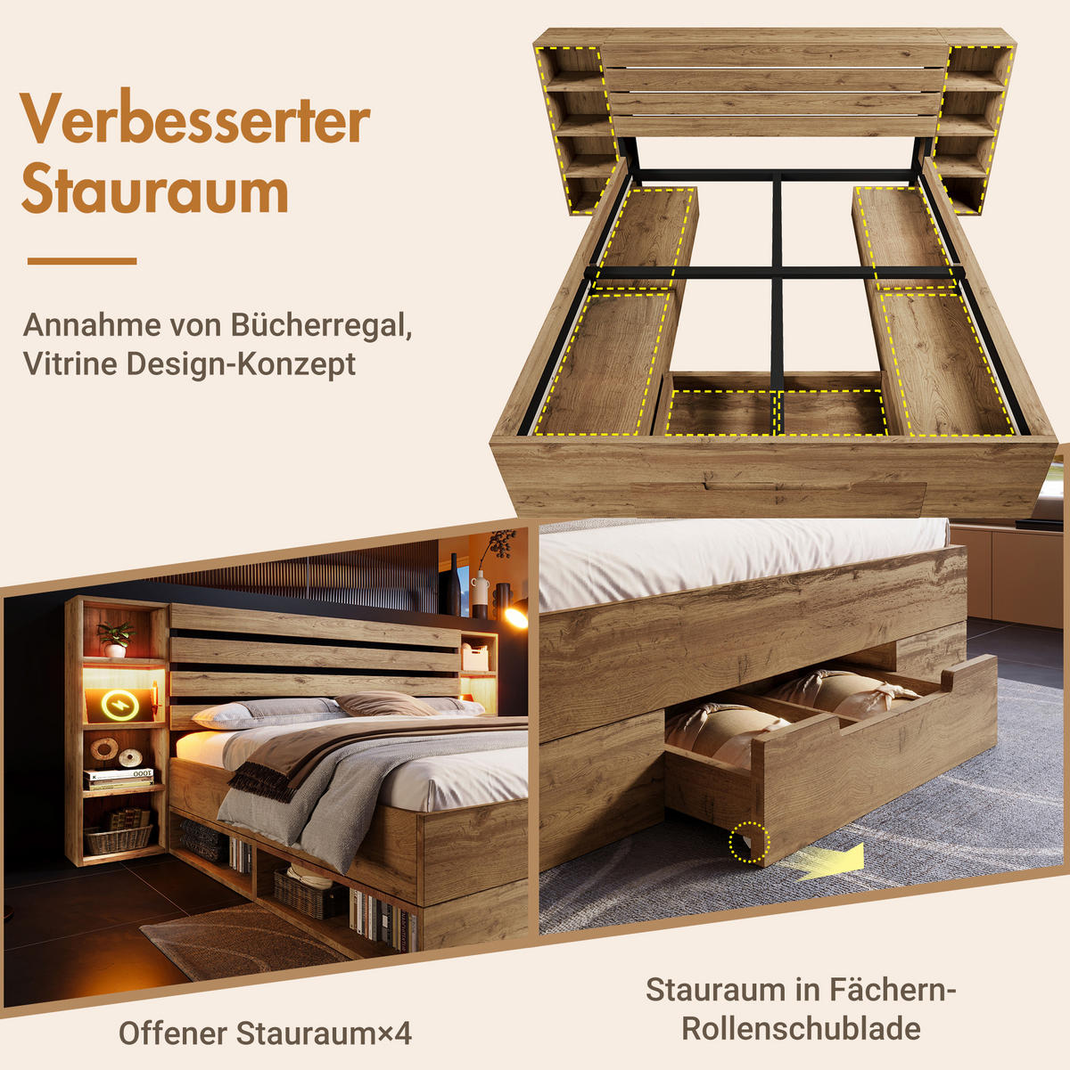 STAURAUMBETT 160/200 cm aus Holz und Metall mit LED-Beleuchtung, USB-C, Kopfteilablagen und 2 Schubladen,und Matratze, Eiche - Eichefarben, Metall (160/200cm) - Redom