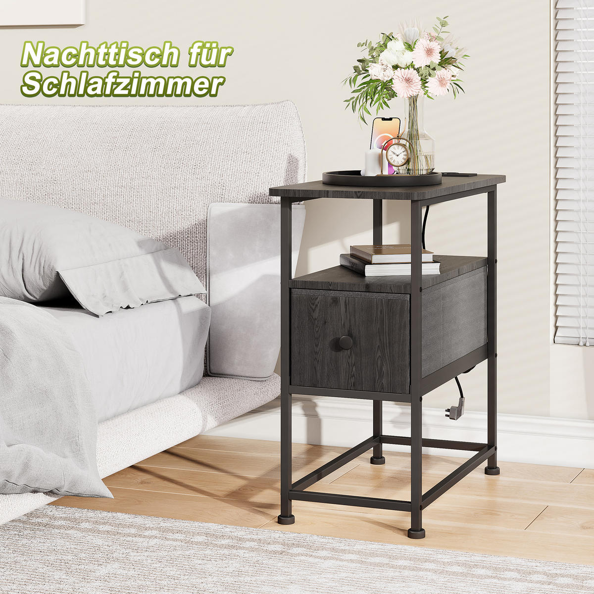 NACHTTISCH LED USB Schublade offene Fächer schwarz - Schwarz, Holz (60/62/30cm) - LEBENLANG