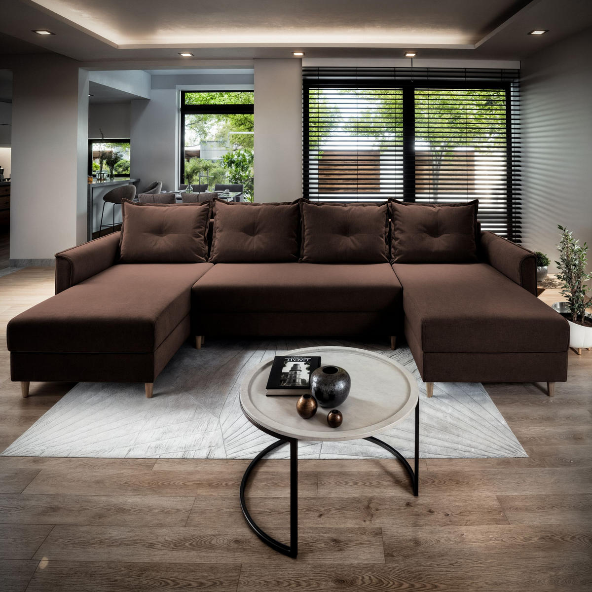 WOHNLANDSCHAFT VERNI Braun Plüsch-Stoff mit Schlaffunktion - Braun, Holz (285/91/143cm) - MASSENO