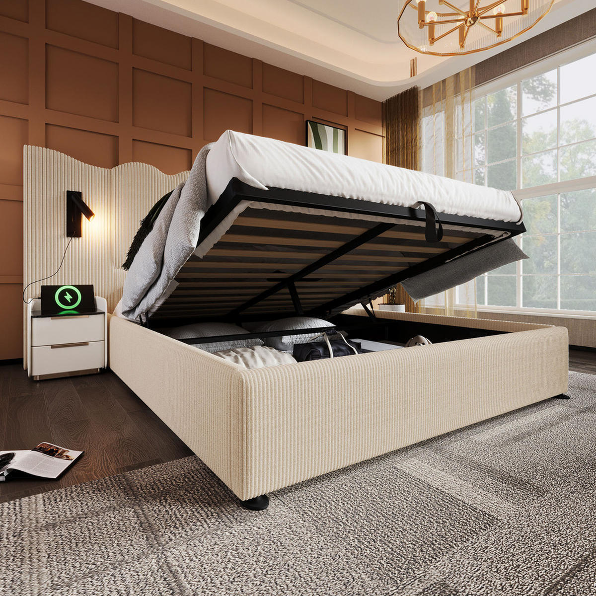 POLSTERBETT 160x200cm Doppelbett mit Leselampe & USB-C Stauraum Beige-Weiß - Beige, Holz - FLIEKS