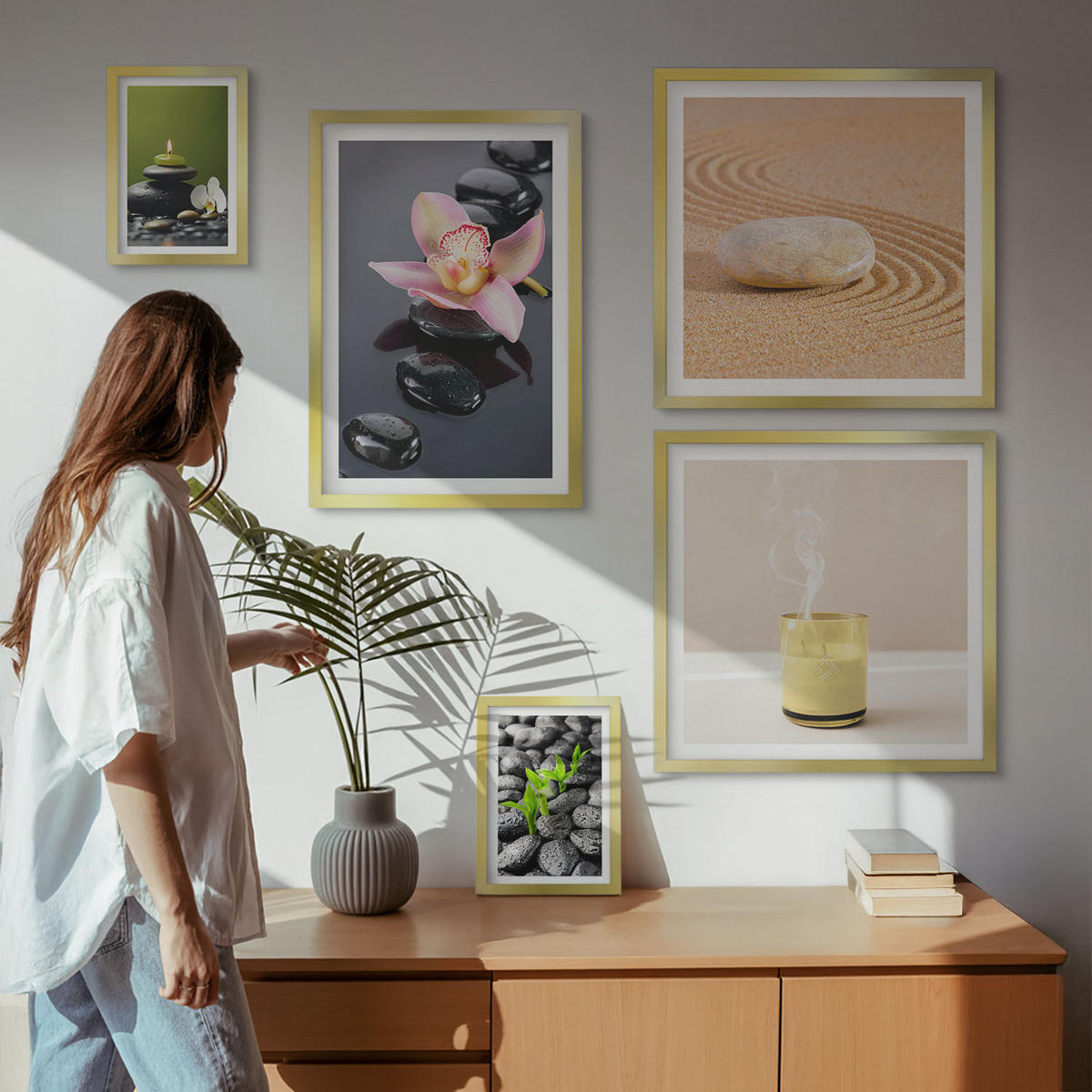 BILDER SET 5er Set - 50x50 cm & 20x30 cm & 40x60 cm Goldrahmen - Der Frieden der Natur mit Buddha - Goldfarben, Kunststoff (40/60cm) - TULUP