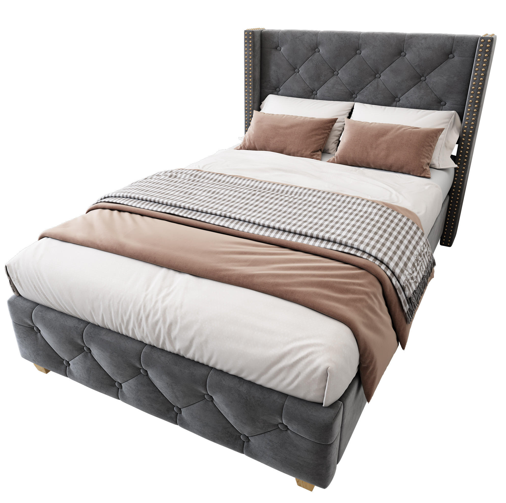 POLSTERBETT 90/200 cm mit Lattenrost, Samtbezug, Knopfheftung und Nietenverzierung, Grau - Grau, Textil (90/200cm) - Redom