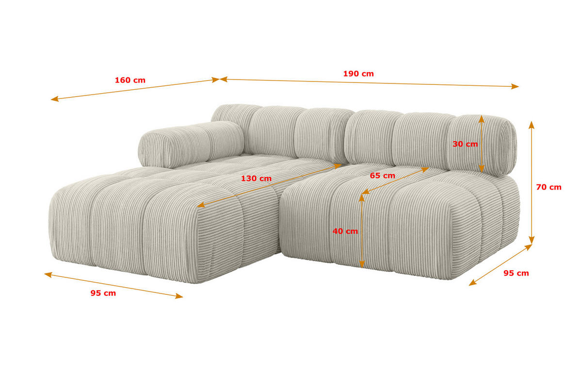 ECKSOFA modulares Sofa Razon-L1 - 190x160x70 cm Creme Cord - Hellgrau/Creme, Holzwerkstoff/Textil (190/160cm) - ALTDECOR