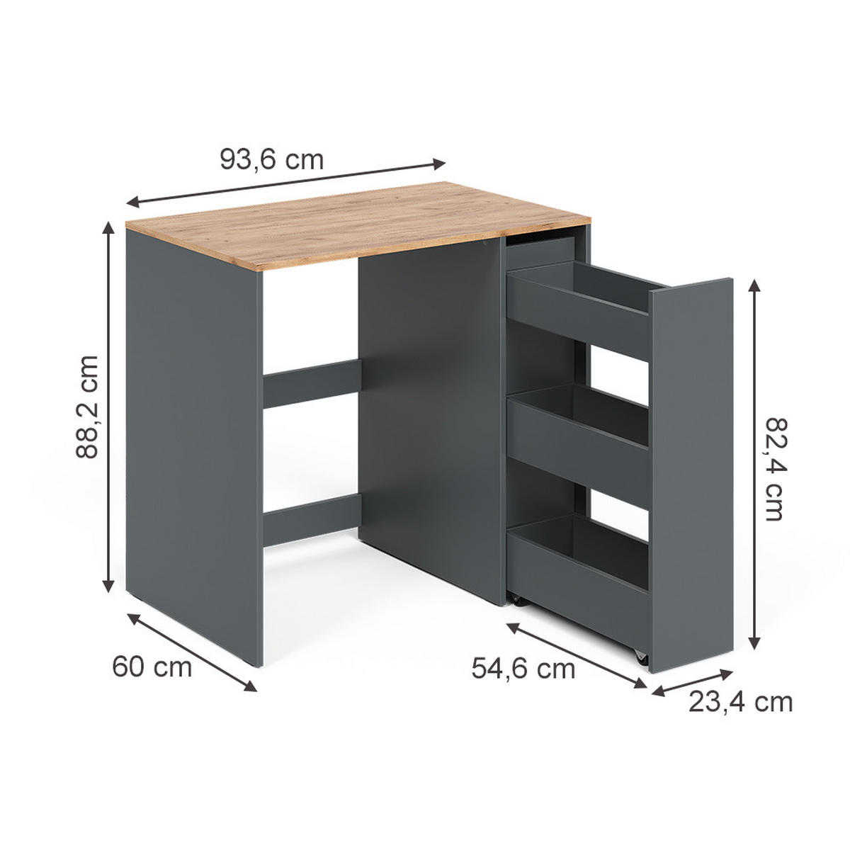 WASCHMASCHINENSCHRANK Viktor, Anthrazit/Goldkraft Eiche, 93.6 x 88.2 cm mit Rollcontainer - Honigeiche/Anthrazit, Holzwerkstoff (93.6/88.2/60cm) - Vicco