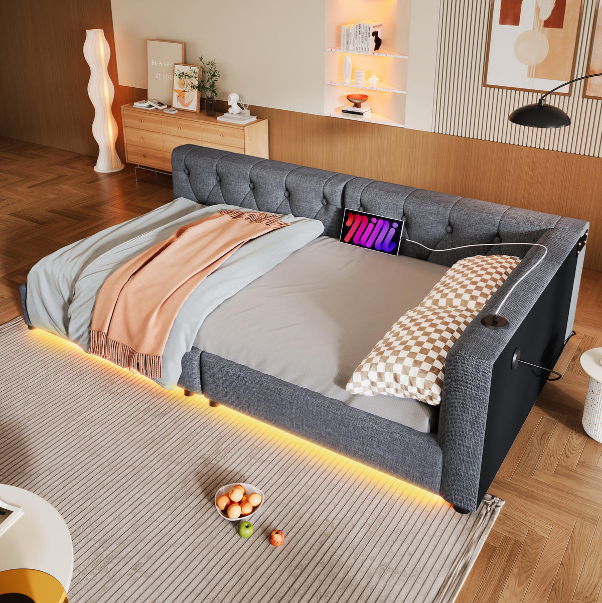 POLSTERBETT 90/200 cm mit Leinenbezug, LED-Beleuchtung, USB- und Type-C-Anschluss, Lattenrost und Knopfheftung, Grau - Grau, Textil (90/200cm) - Redom