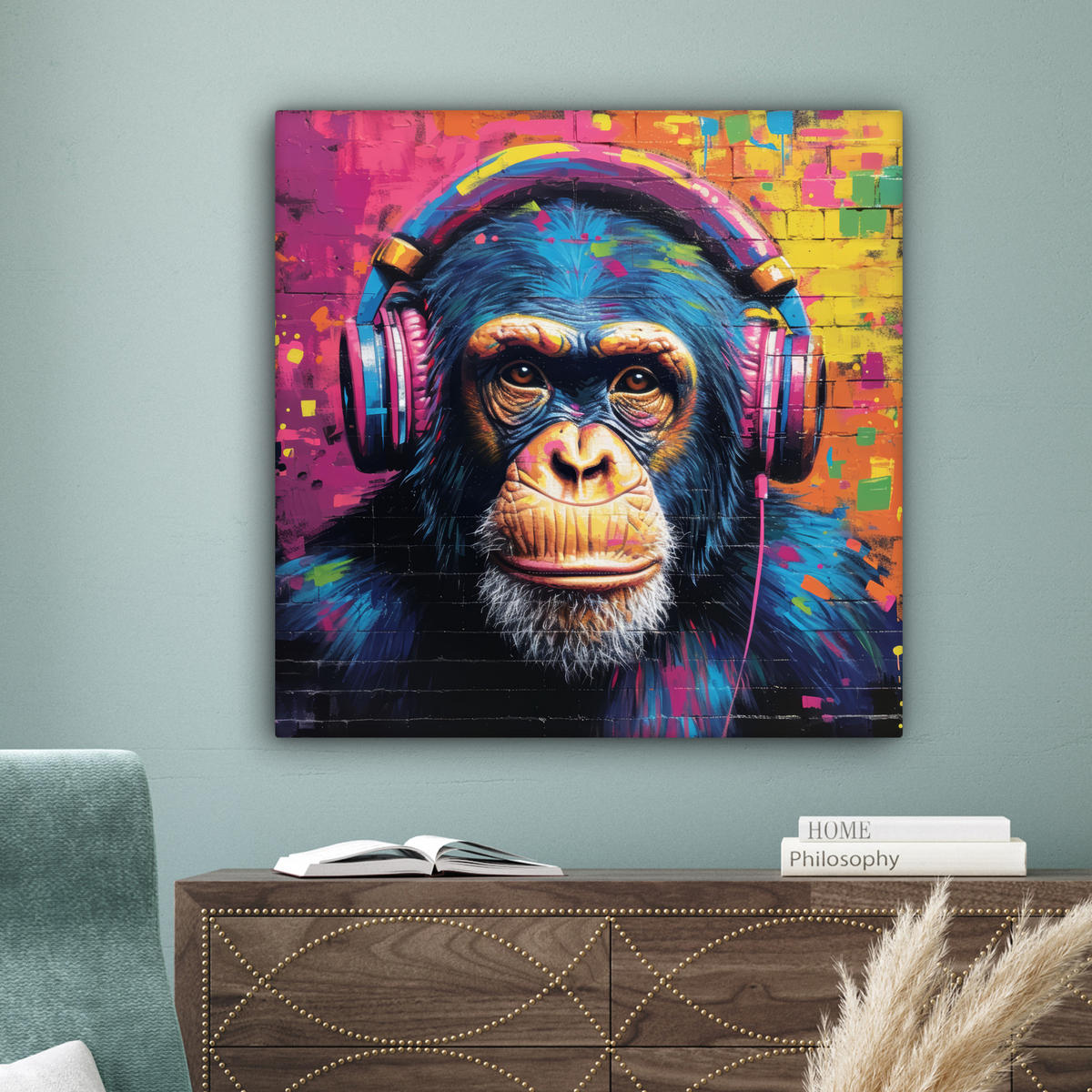 LEINWANDBILD Graffiti - Schimpanse - Straßenkunst - Kopfhörer - Affe Deko Groß 90x90 cm - Blau, Textil (90/90cm) - MuchoWow