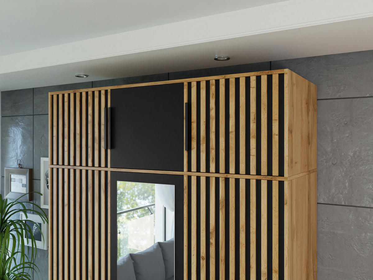 KLEIDERSCHRANK Bali Lux D3 mit Schrankaufsatz - Schwarz/Braun, Holzwerkstoff/Metall (150/245/58cm) - MIRJAN24