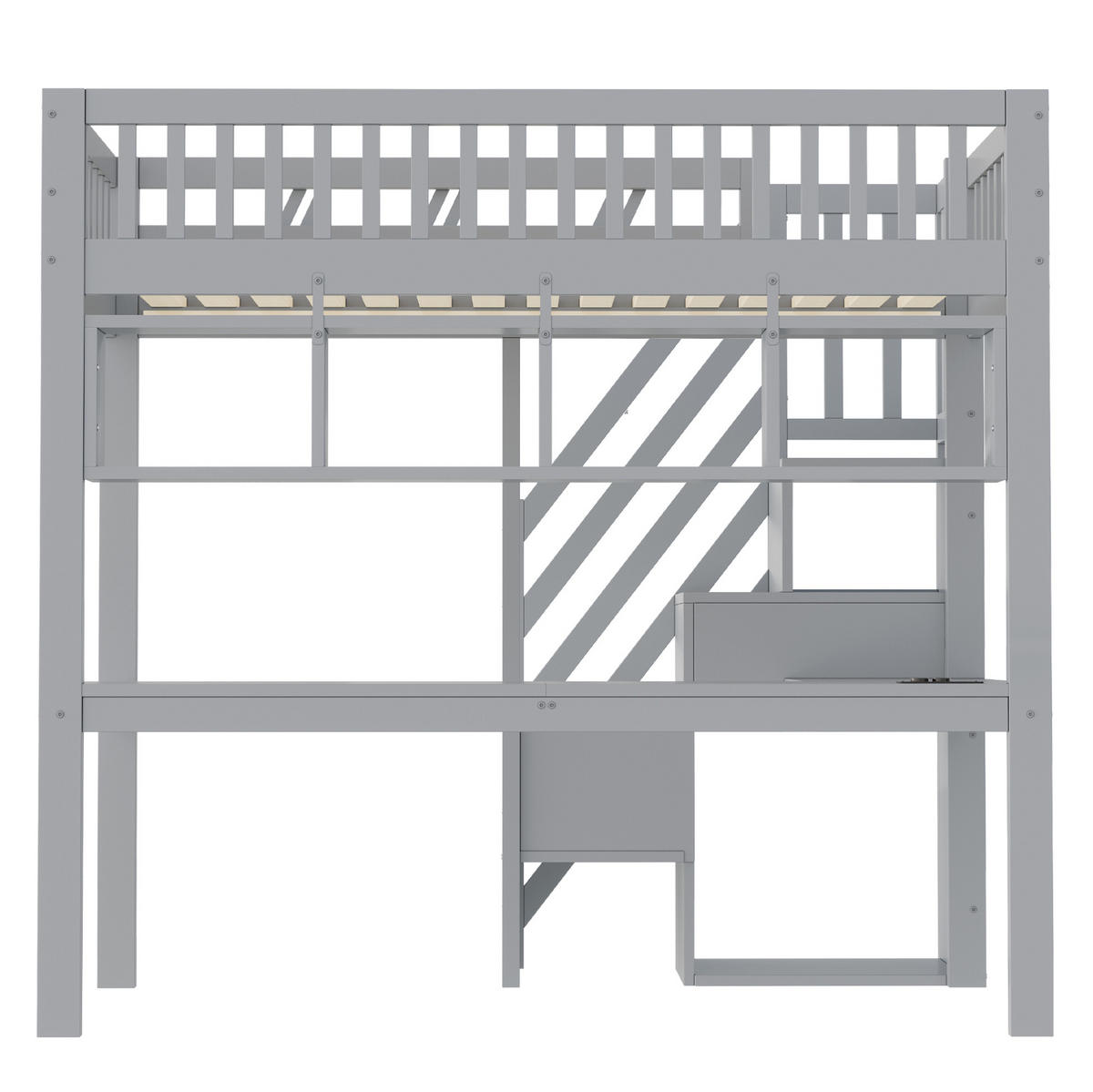 HOCHBETT Holz 90x200 cm Grau mit Schreibtisch, Stauraumtreppe, Regalen, LED und Steckdosen - Grau, Holz (90/200cm) - Modfu
