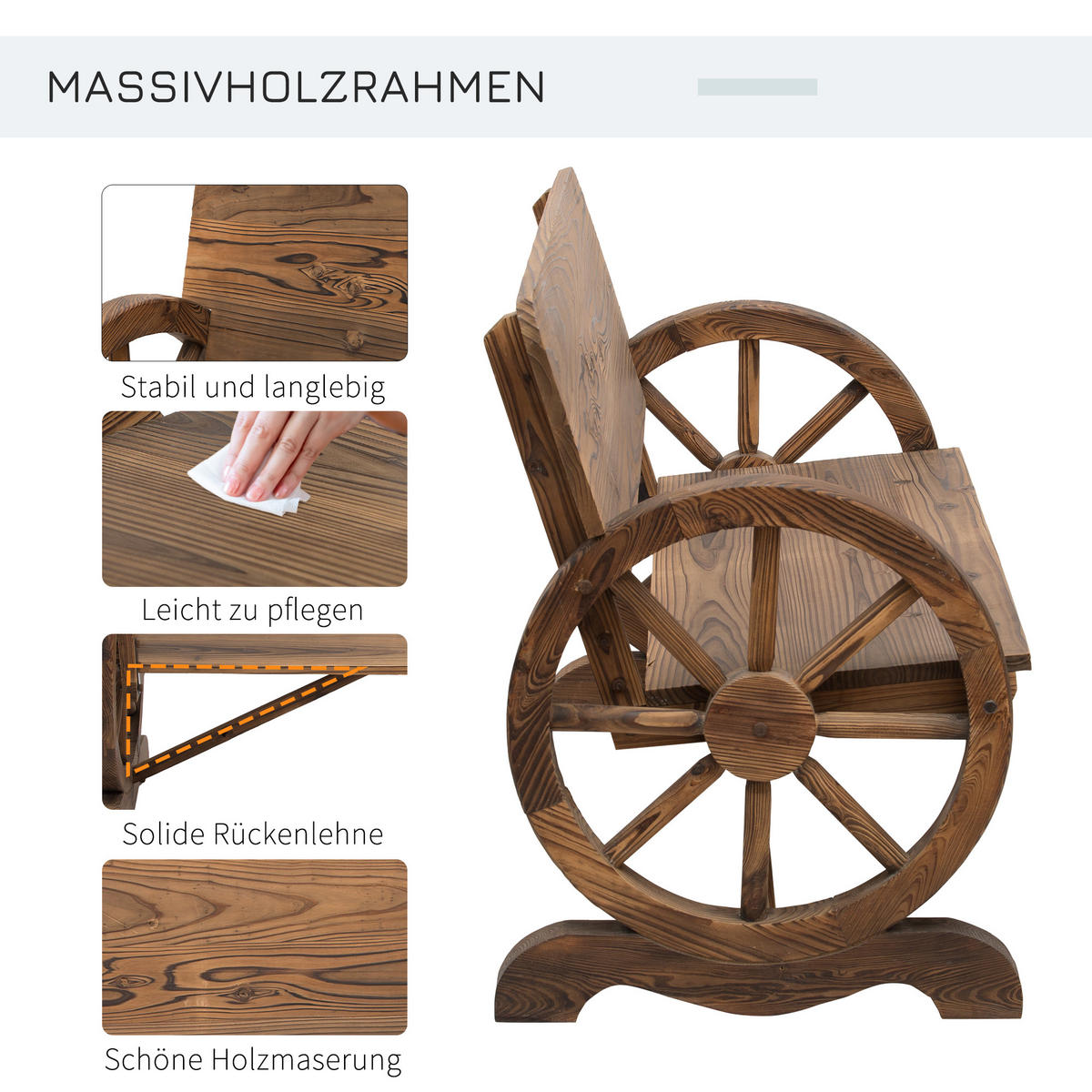 GARTENBANK mit Armlehne, Sitzbank mit Wagenräder-Design, Massivholz, Braun - Dunkelbraun, Holz (58/80/114cm) - Outsunny