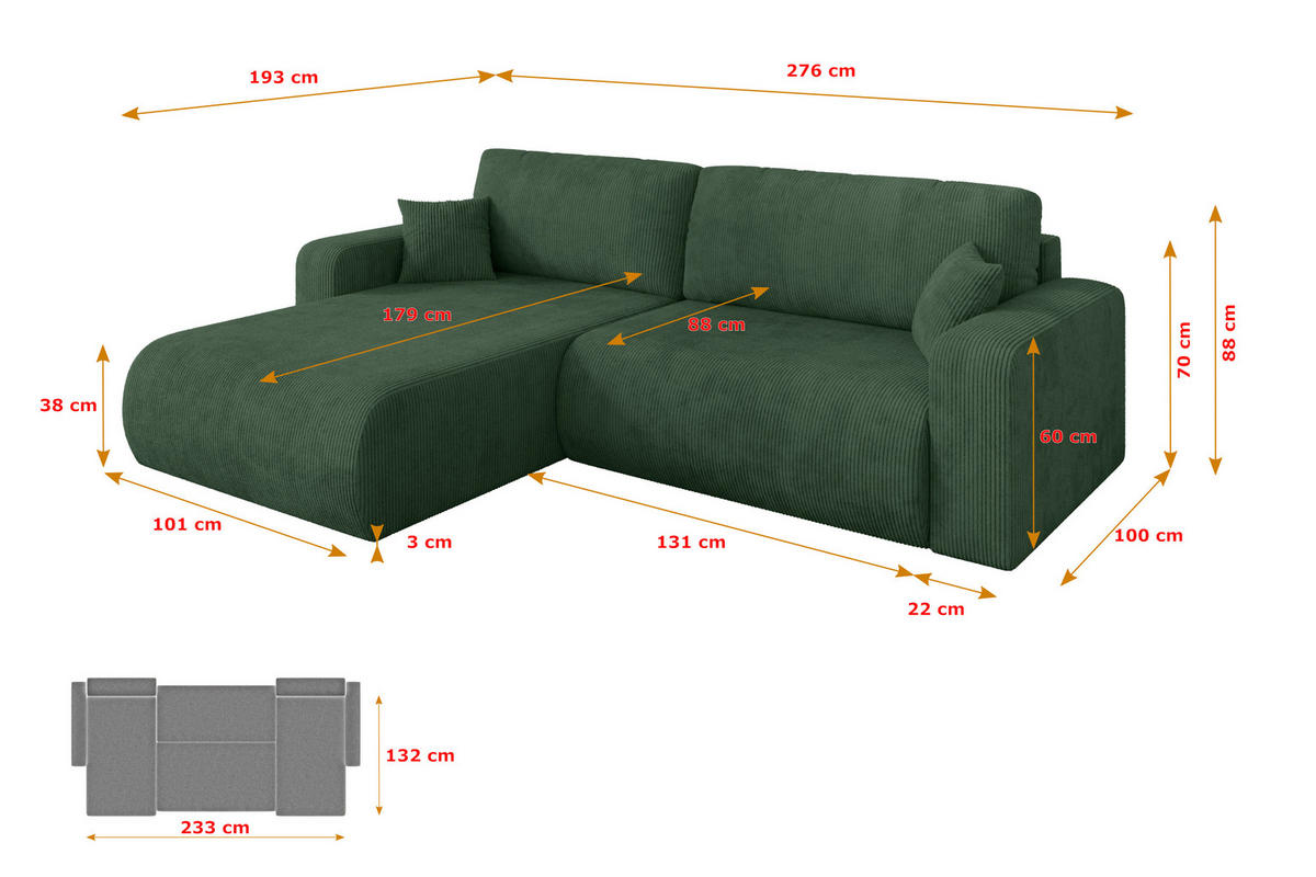 ROHOVÁ SEDAČKA s funkcí spaní, otoman vlevo BERY-L 276x193x88 zelená manšestr - černá/tmavě zelená, kompozitní dřevo/textil (276/193cm) - ALTDECOR