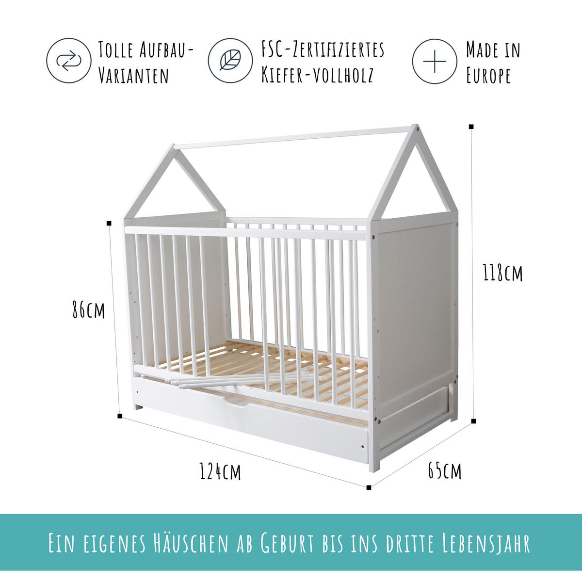 BABYBETT 60x120 cm mit Matratze & Schublade in weiß - Weiß, Holz (60/120cm) - Kids Collective