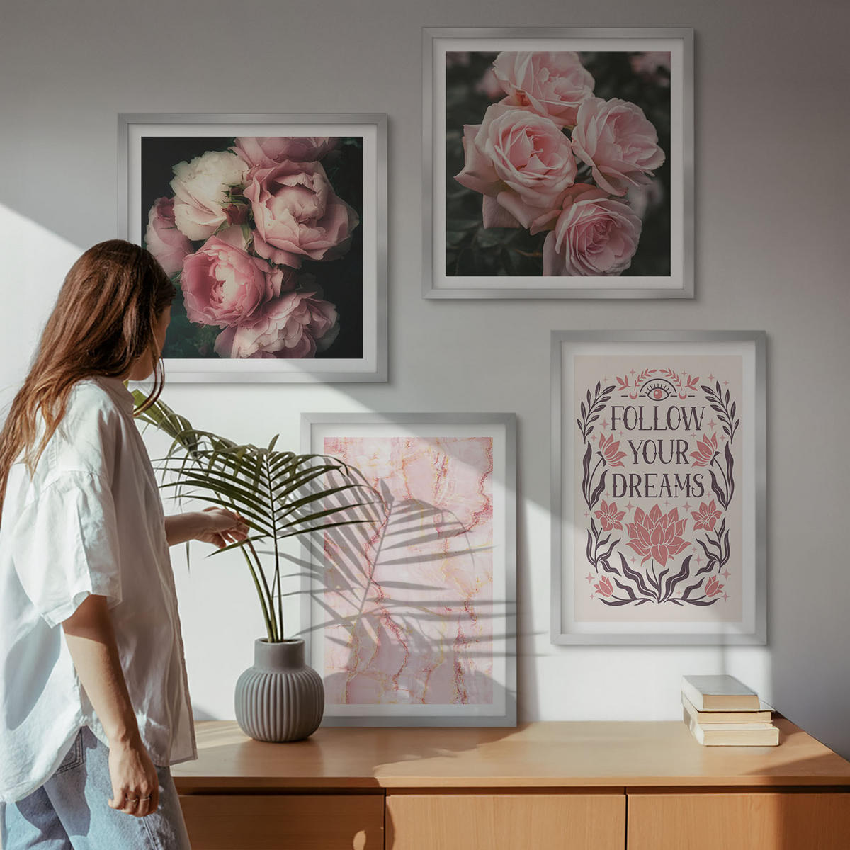 BILDER SET 4er Set - 50x50 cm & 40x60 cm Silberner Rahmen - Vintage-Rosen-Marmorträume - Silberfarben, Kunststoff (50/50cm) - TULUP
