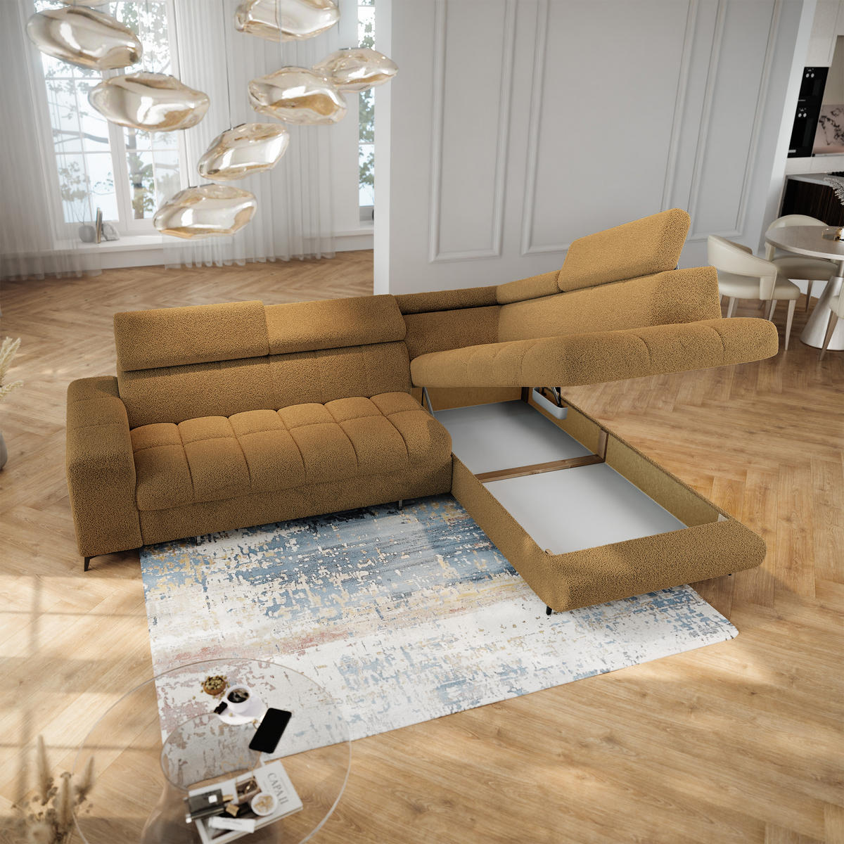 ECKSOFA MORIVA Q R-S Orange Boucle-Stoff mit Schlaffunktion - Orange, Holzwerkstoff/Textil (253/190cm) - MASSENO