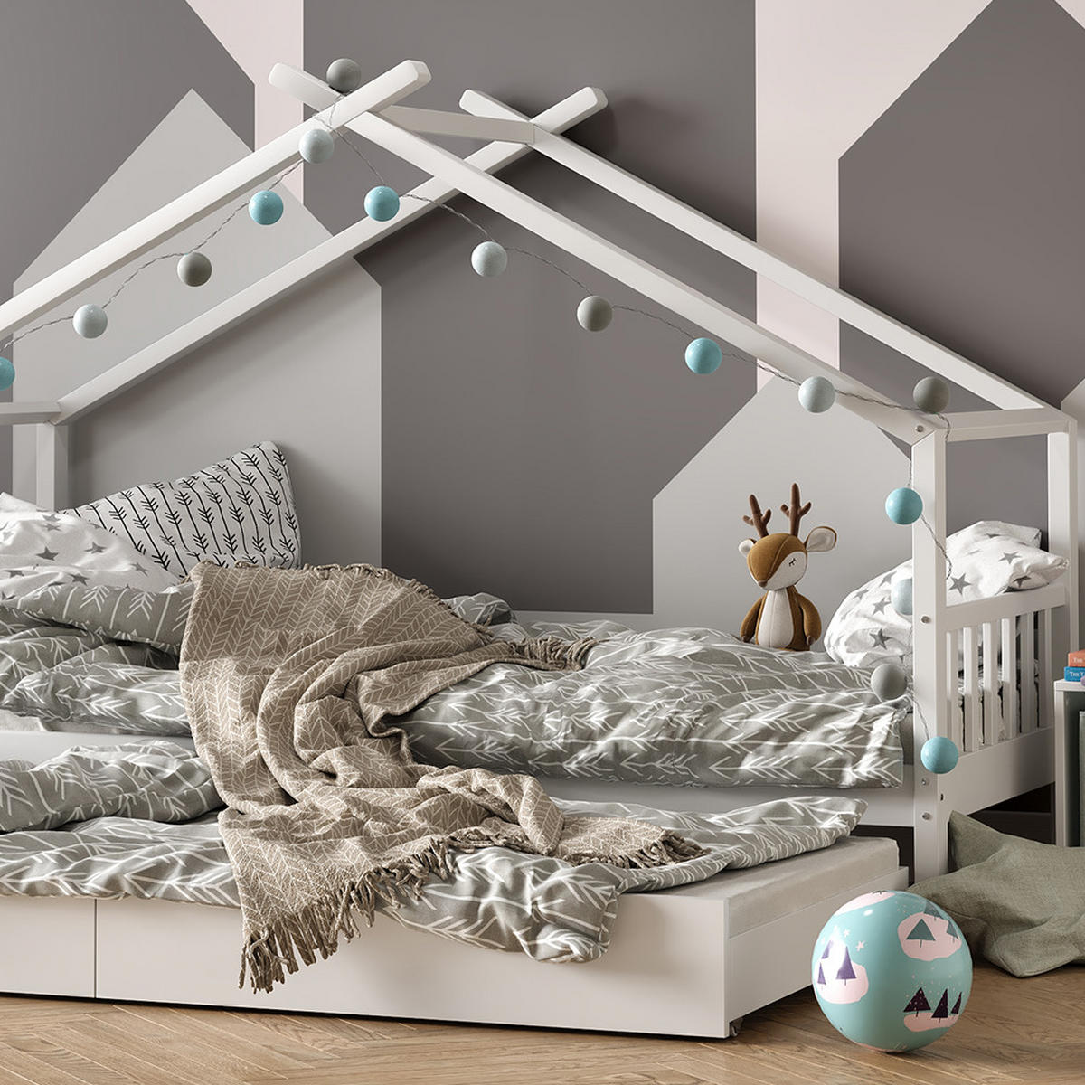 HAUSBETT Design Weiß 90x200 cm mit Gästebett und Matratze - Weiß, Holz (90/200cm) - VitaliSpa