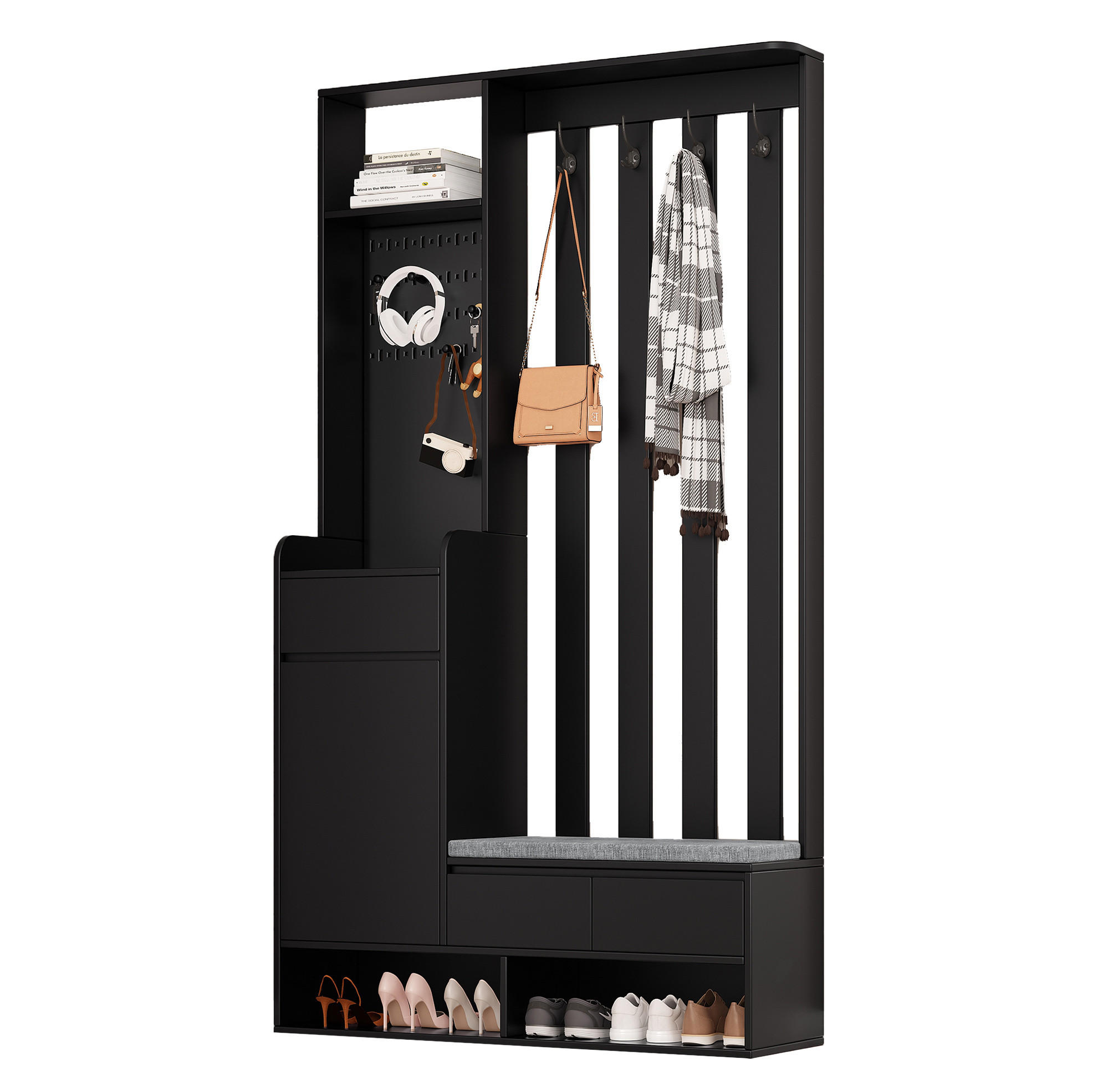OKWISH PŘEDSÍŇOVÁ stěna 180/100/35 cm černá z MDF s lavicí a perforovanou deskou