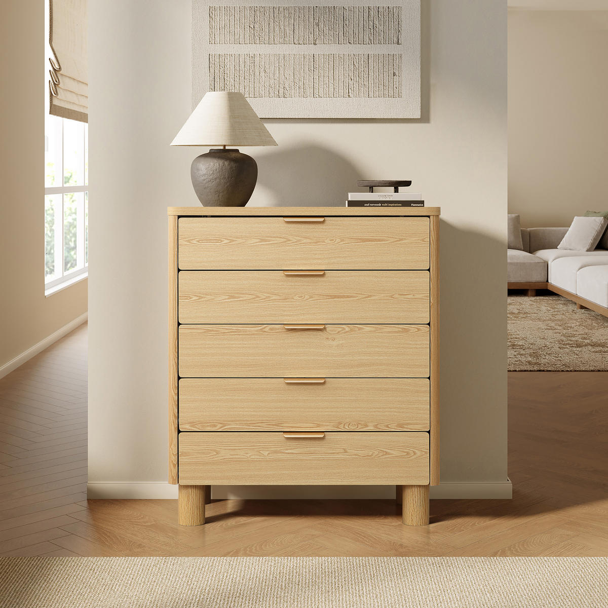 MODERNE Kommode mit fünf Schubladen, Eichenholzoptik, MDF | B 40 cm x T 50 cm x H 95 cm - Gelb/Hellgelb, Holz (40/95/80cm) - Hometopia