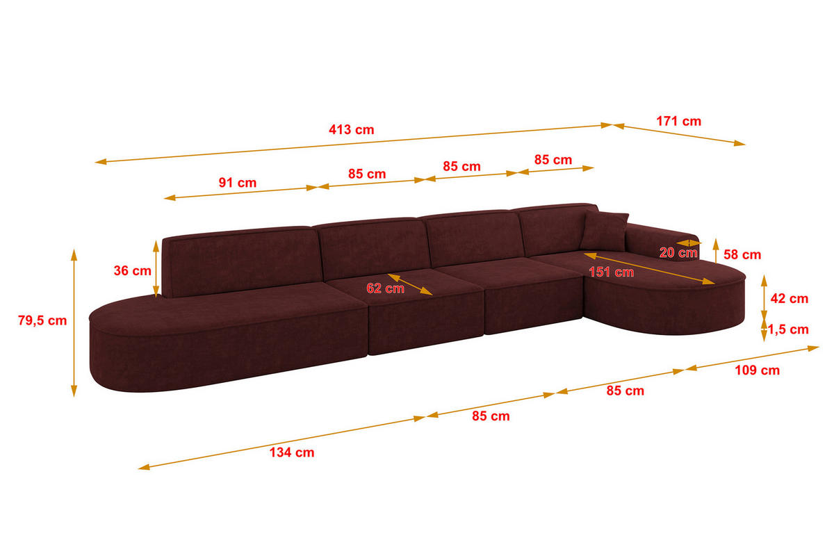 ECKSOFA Ottomane Rechts MARI-L3 - 413x171x79 cm Bordeaux Velours - Bordeaux/Schwarz, Holzwerkstoff/Kunststoff (171/413cm) - ALTDECOR