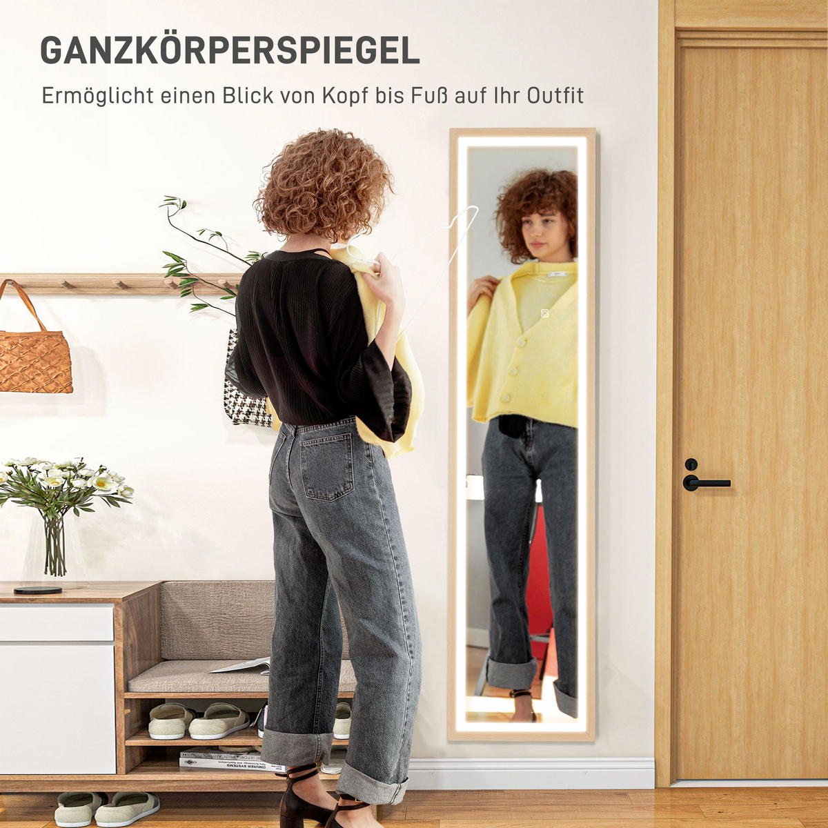 GANZKÖRPERSPIEGEL 40 x 160 cm Standspiegel mit LED-Lichte, Eiche - Eichefarben, Glas (40/160/5cm) - HOMCOM