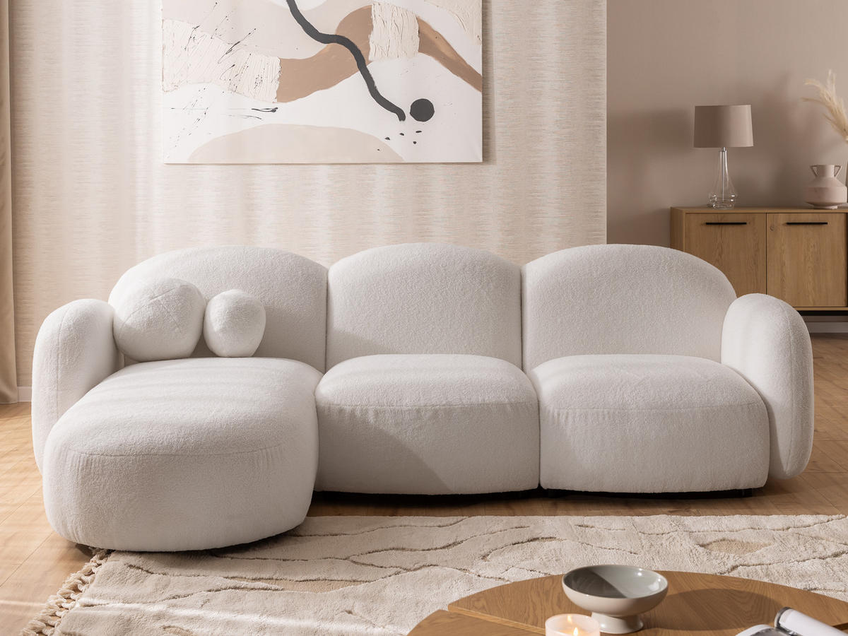 ECKSOFA Nuvola mit abgerundetem Design Weiß Bouclé-Stoff - Ottomane Links - Schwarz/Weiß, Holz/Kunststoff (268/146cm) - S-Style Möbel