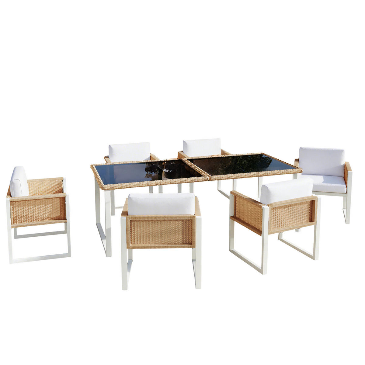 GARTENMÖBEL-SET 7-tlg. mit Glastisch und 6 Stühlen Braun Weiß - Braun, Holz - Beauniv