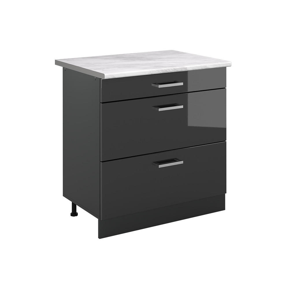 SPODNÍ SKŘÍŇKA KUCHYŇSKÉ LINKY R-Line, Antracitový vysoký lesk/Antracit, 80 cm se 3 zásuvkami pracovná doska Mramor - antracitová, kompozitní dřevo (80/81.6/60cm) - Vicco