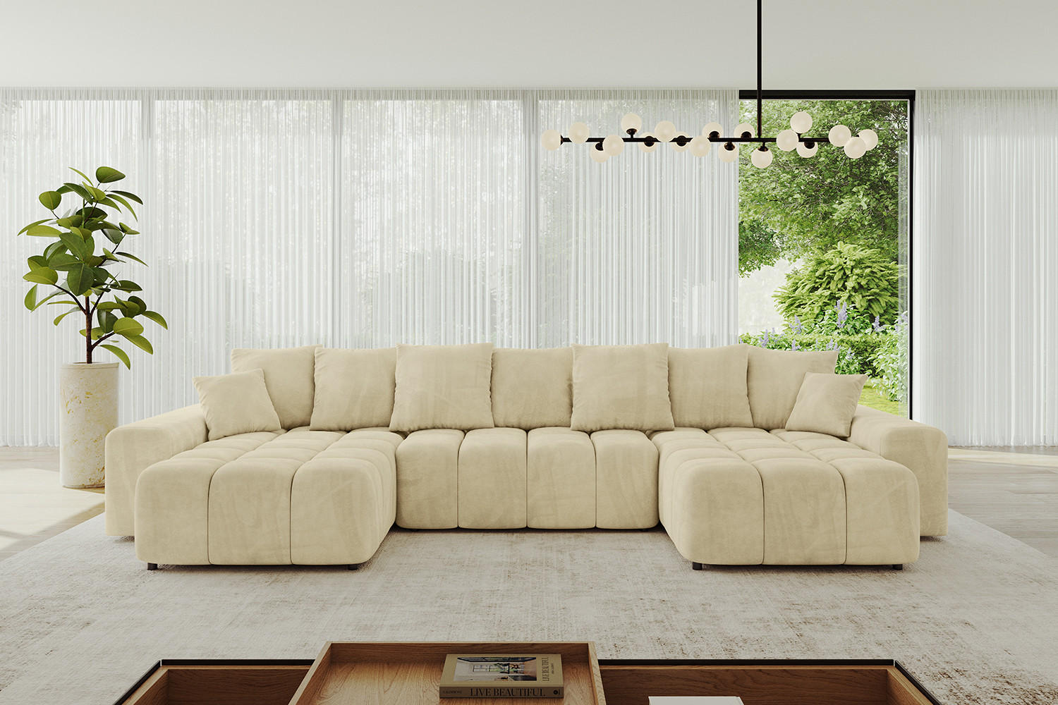 WOHNLANDSCHAFT ENIL-U 390x175x84 Beige Velours - Beige, Holzwerkstoff/Kunststoff (390/84/175cm) - ALTDECOR