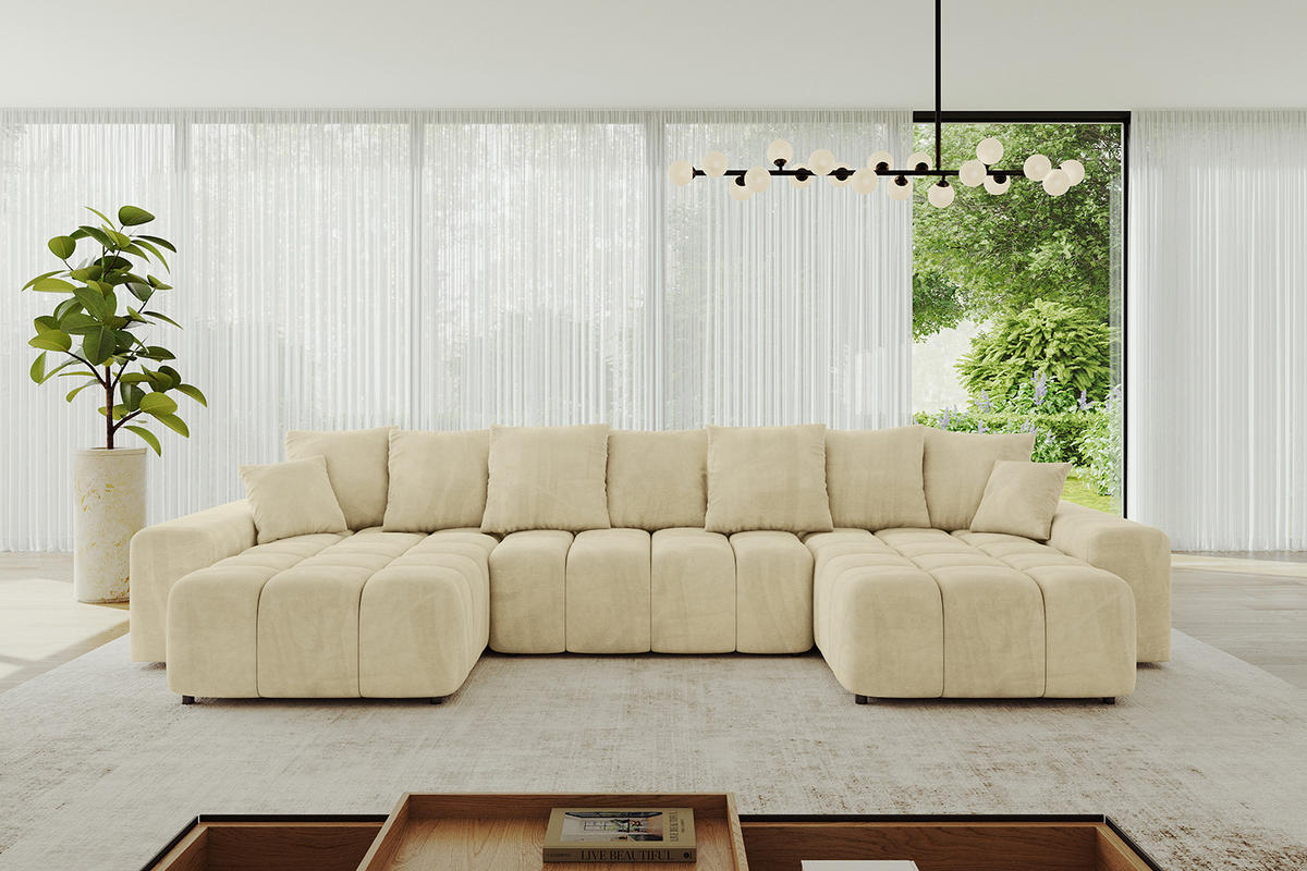 WOHNLANDSCHAFT ENIL-U 390x175x84 Beige Velours - Beige, Holzwerkstoff/Kunststoff (390/84/175cm) - ALTDECOR