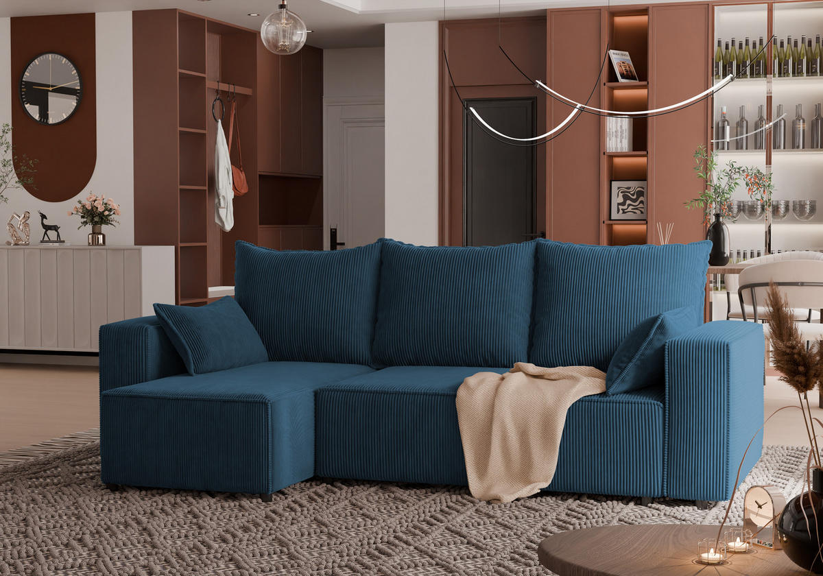 ECKSOFA Tobi mit Bettkasten und Schlaffunktion, L-Form, Cordstoff, Universal - Blau, Holzwerkstoff (246/145cm) - 4ALL HOME