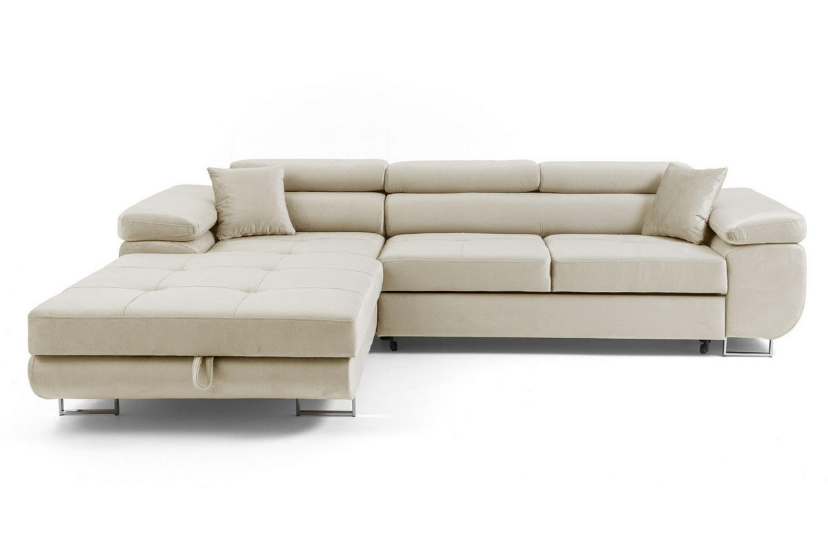 ECKSOFA ALONZO L Links mit Schlaffunktion 125x195 Velours Beige - Beige/Silberfarben, Holz/Textil (275/203cm) - Muffo