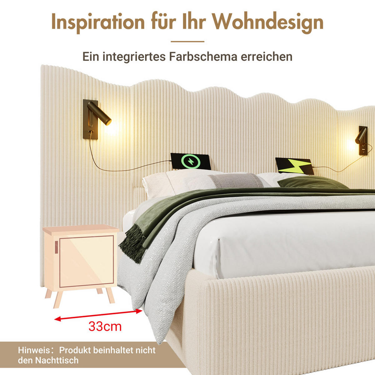 POLSTERBETT 160x200cm Doppelbett mit Leselampe & USB-C Stauraum Beige-Weiß - Beige, Holz - FLIEKS